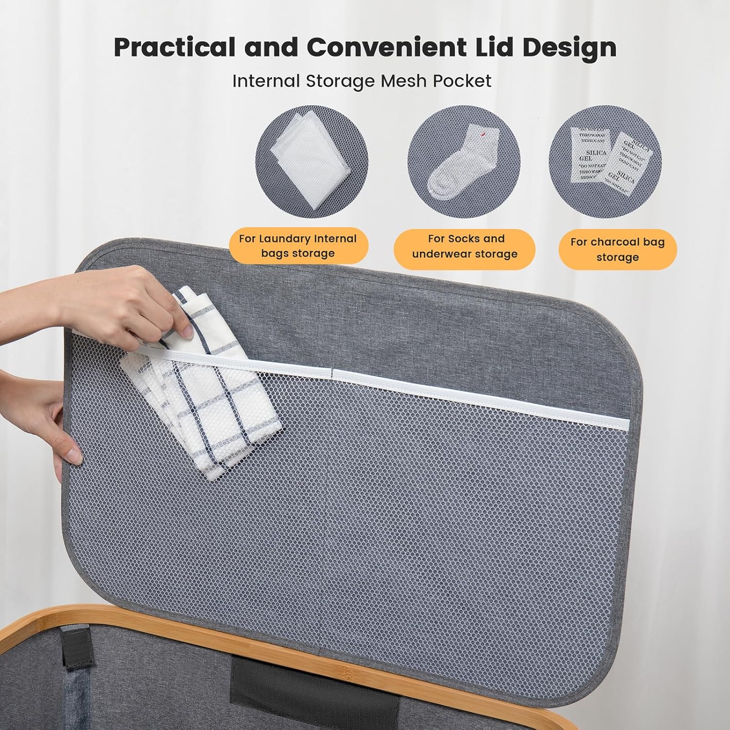 Cesta de lavandería extra grande de 160 litros con tapa, cesta de lavandería con mango de bambú y 3 bolsas interiores extraíbles, para dormitorio,