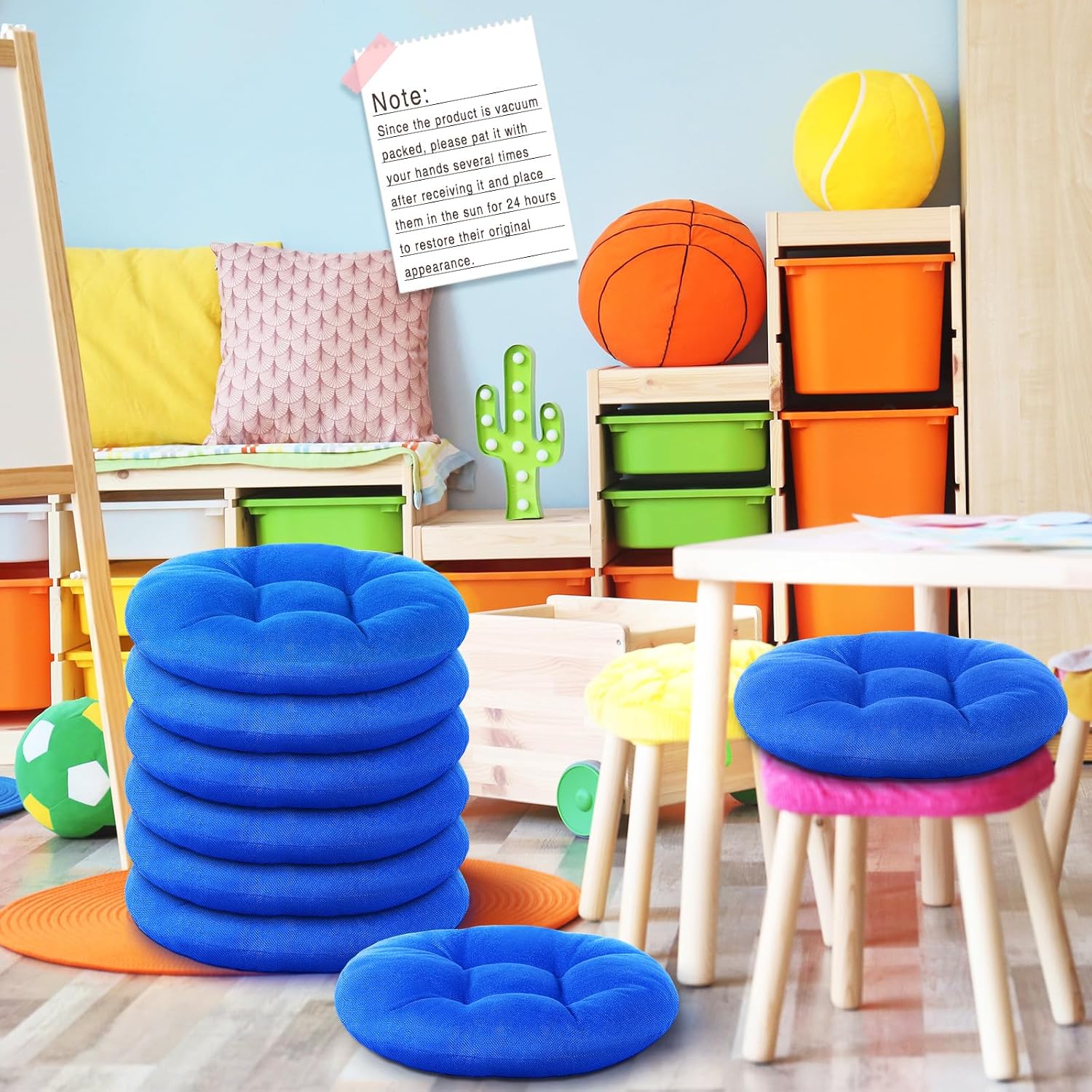 Cojines redondos de piso de 15 pulgadas para niños y niños pequeños, asiento flexible para muebles de aula, almohada de piso de 3.5 pulgadas de