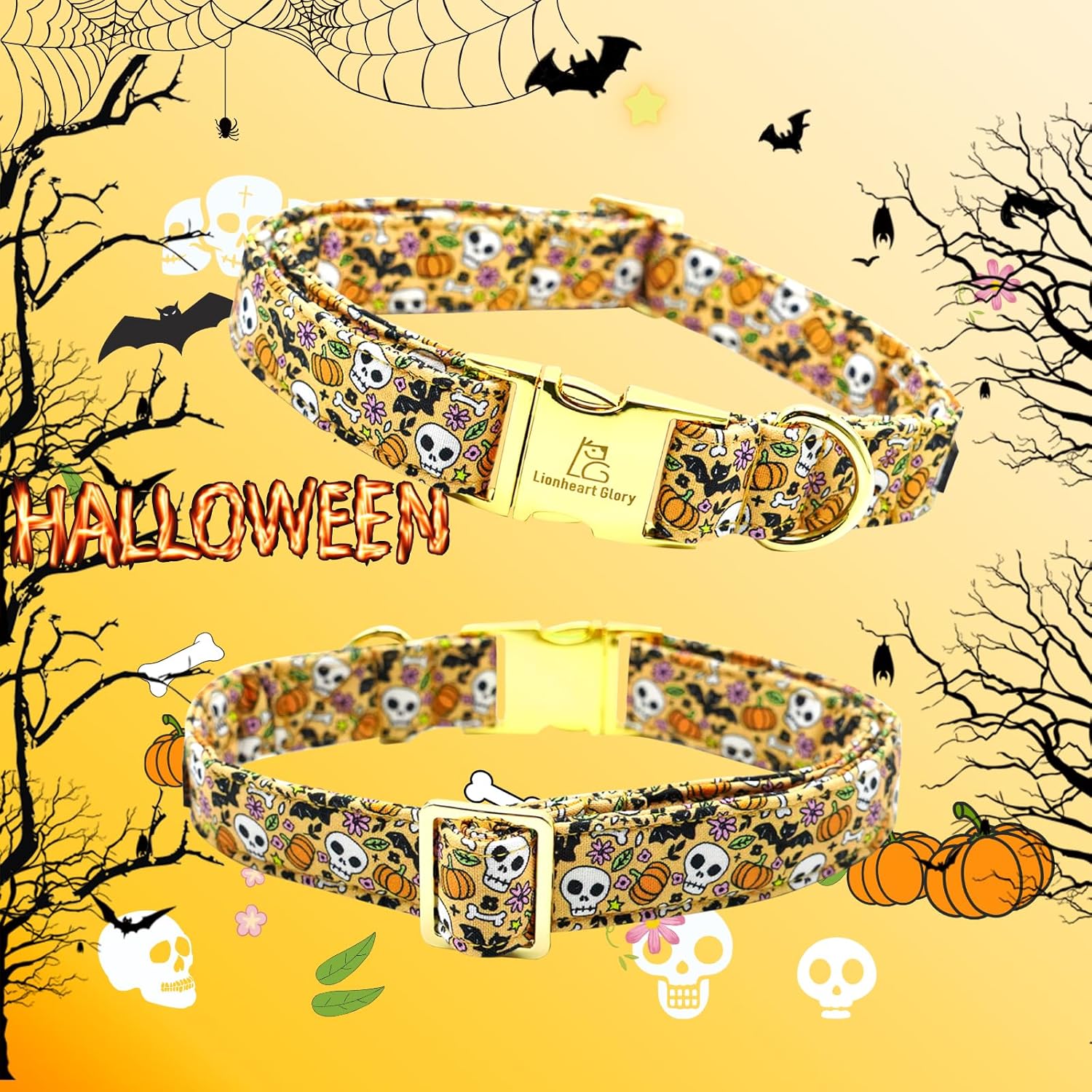 Lionheart glory Collares de Halloween para perro, collar de otoño para perro, collar de calavera con moño, collar de perro para perros medianos,