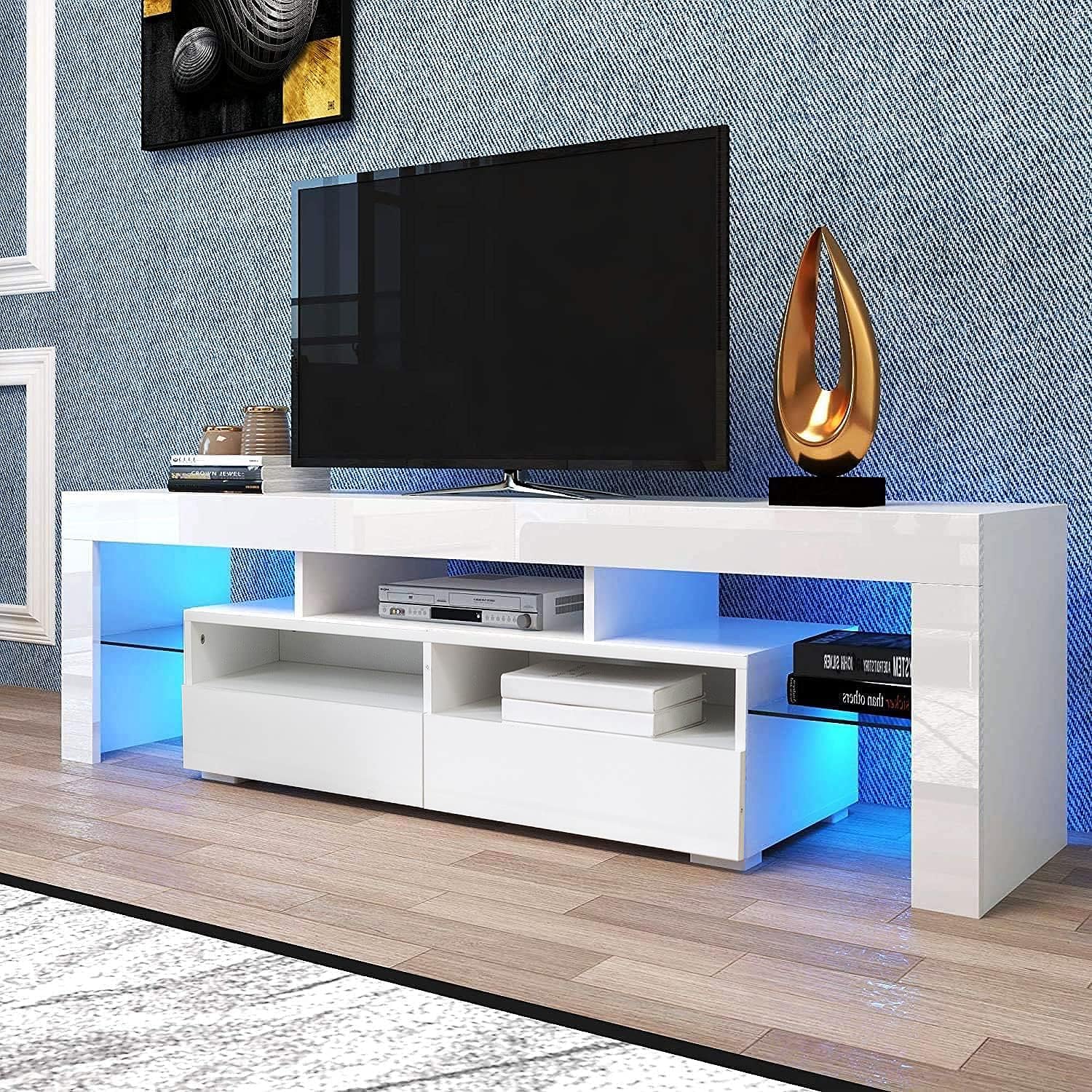 Goujxcy Soporte de TV LED para televisores de 65 pulgadas, centro de entretenimiento de alto brillo con cajones de almacenamiento, mesa de consola