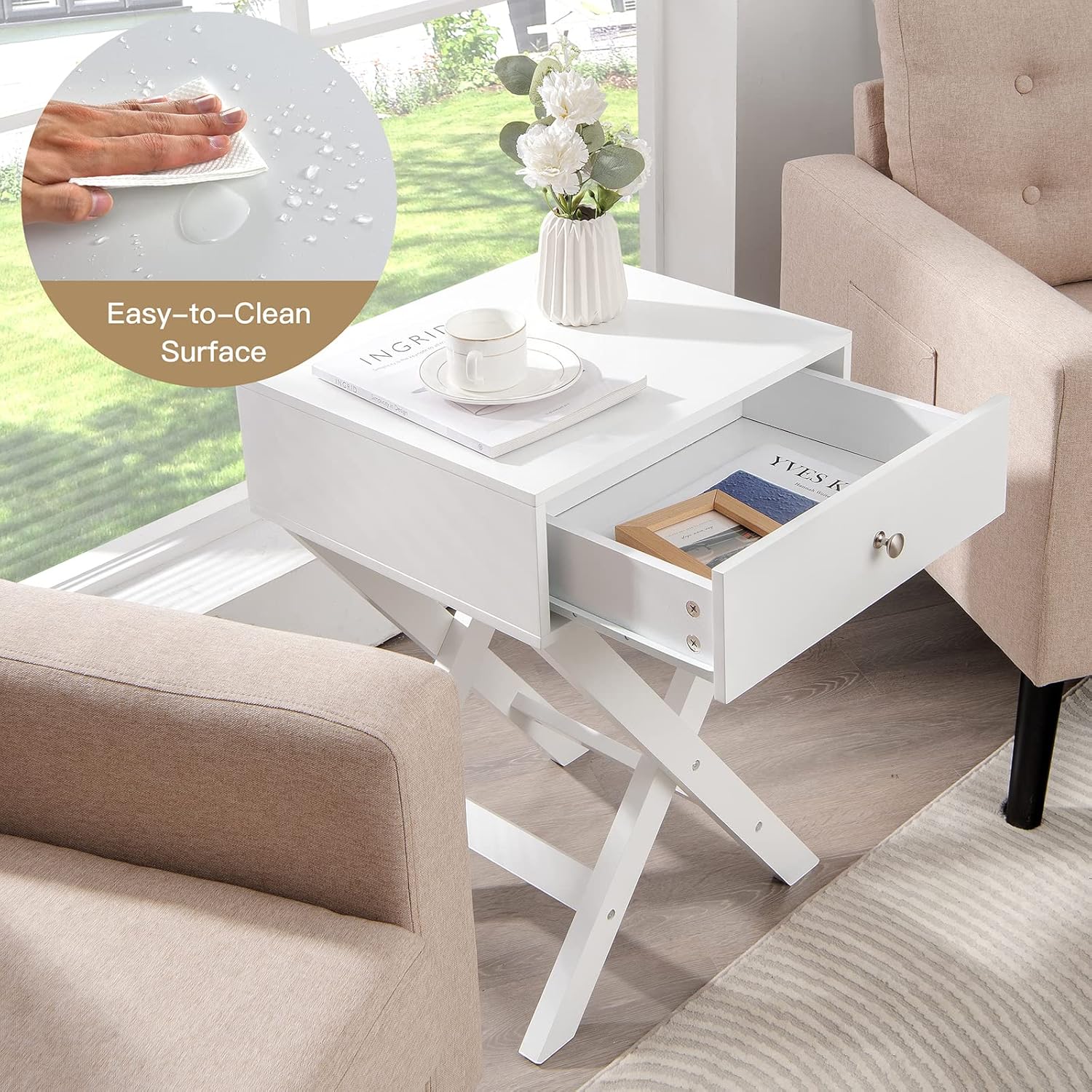 COSTWAY Mesita de noche con cajón X estructura en forma de acento sofá mesa lateral blanco