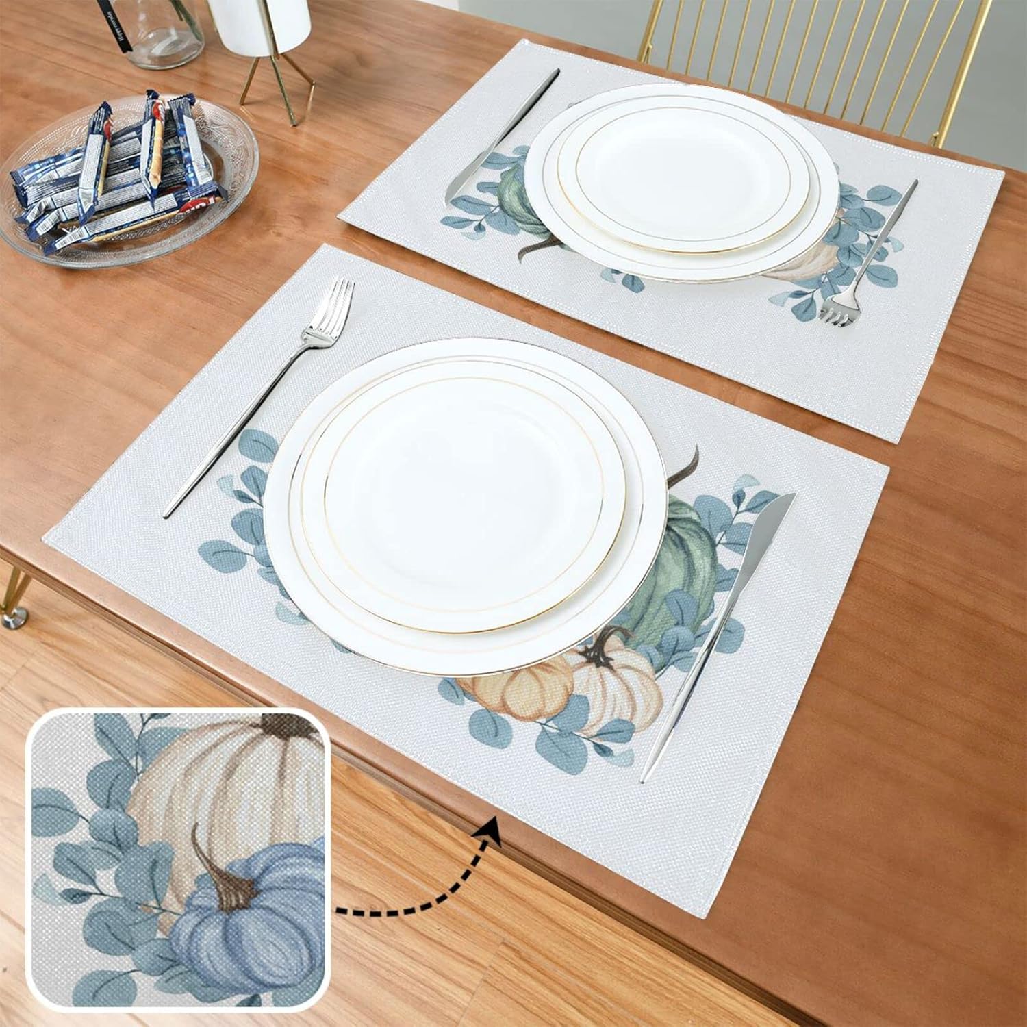 Juego de 6 manteles individuales de color azul calabaza de Acción de Gracias, acuarela, otoño, lavables, para cocina, mesa de comedor, resistentes
