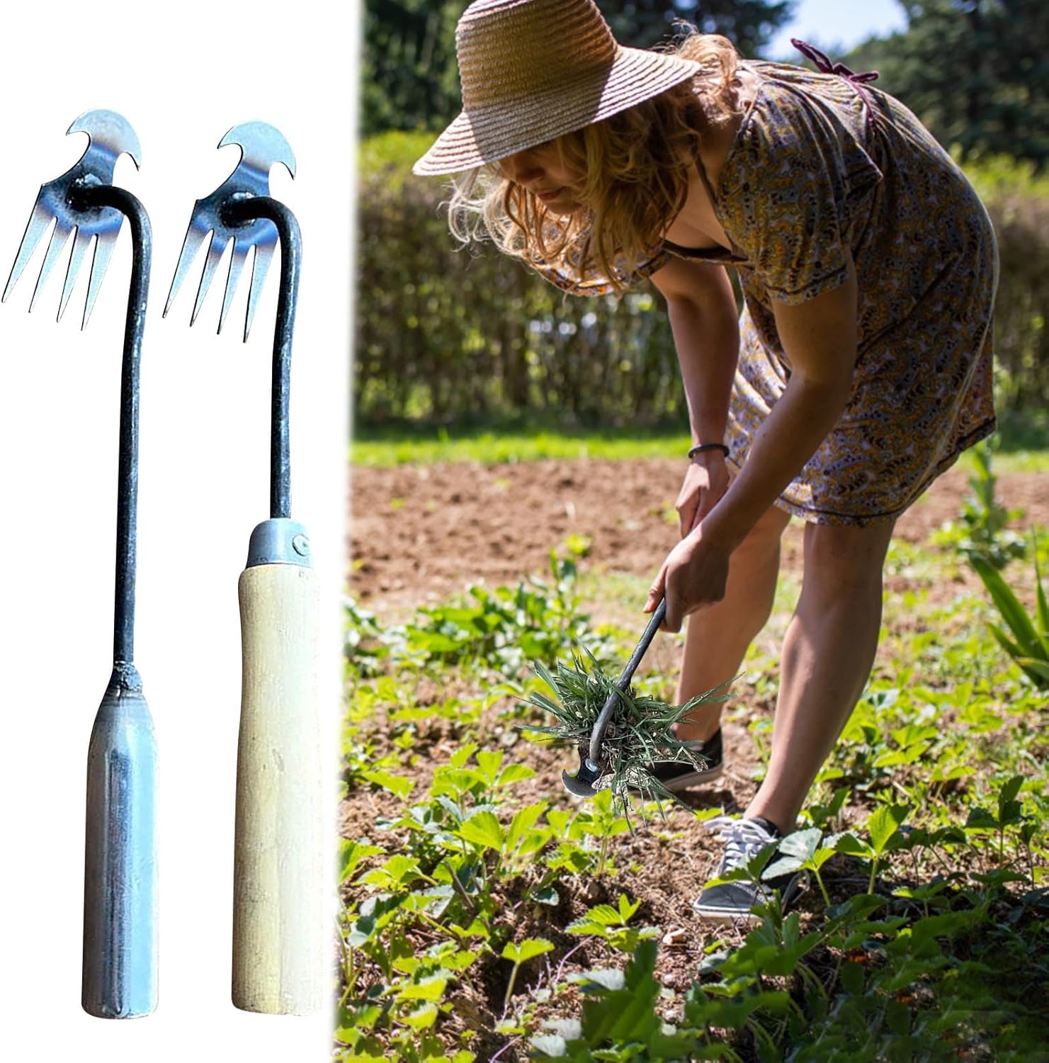 Herramienta de deshierbe de artefacto de desarraigo, extractor de malezas forjado multifuncional de acero inoxidable, 4 dientes de doble propósito