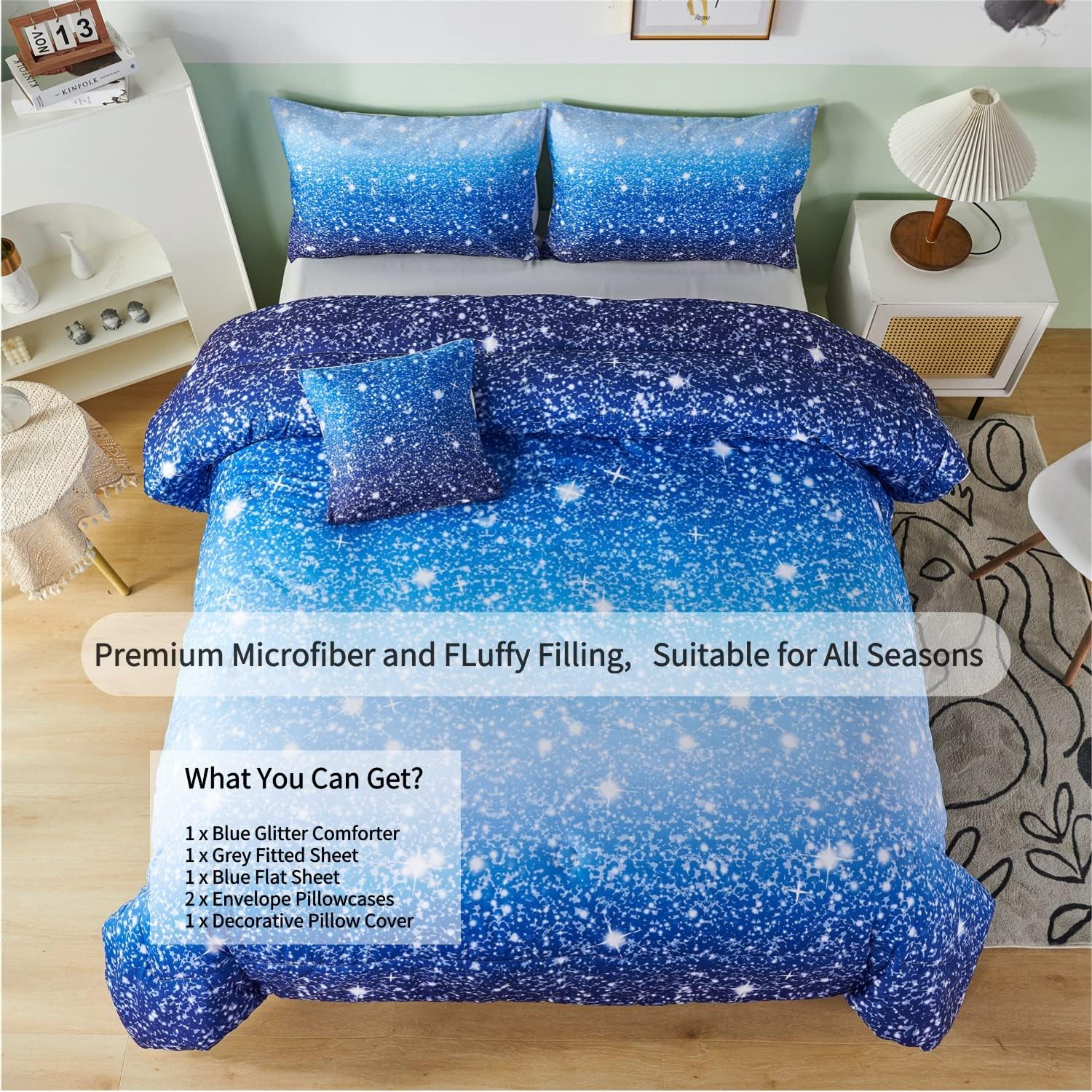 RYNGHIPY Juego de 6 piezas de edredón degradado azul aguamarina azul marino degradado con sábanas de fundas de almohada, tamaño matrimonial,