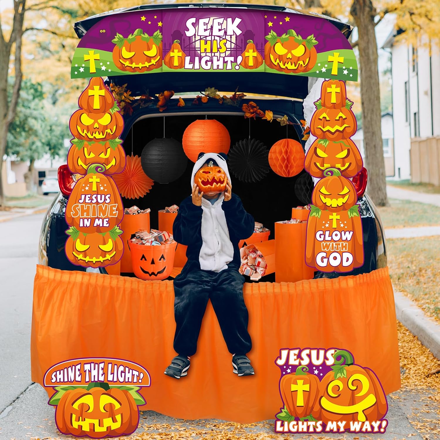 Juego de 29 piezas de decoración de maletero o regalo de Halloween con temática religiosa para auto, borde cristiano, cubeta de calabaza, bolsa de