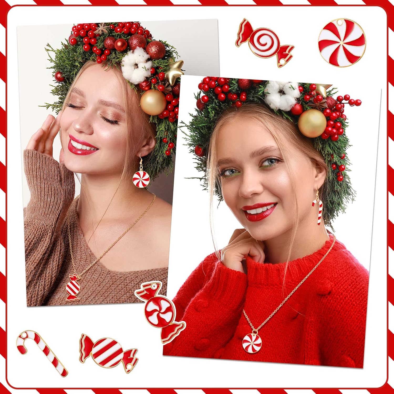 Kajaia 60 dijes de Navidad con colgante de bastón de caramelo para hacer joyas, dijes de esmalte de Navidad de aleación, dijes de vacaciones para