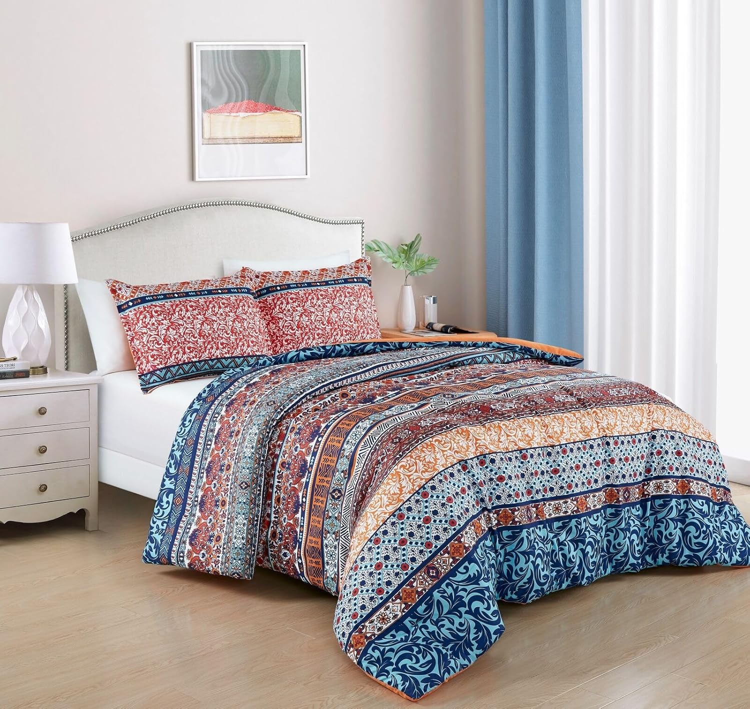 Chezmoi Collection Shore – Juego de edredón de 3 piezas con estampado bohemio a rayas, tamaño King, medallón floral, colorido, azul marino, naranja,