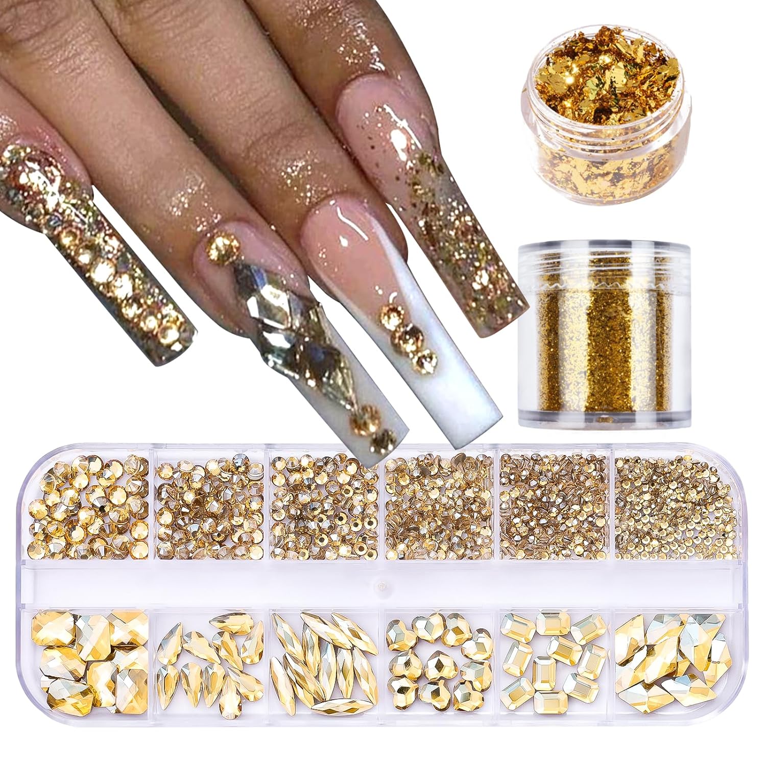 VOTACOS Diamantes de imitación para arte de uñas, diamantes de imitación de parte trasera plana, dijes de uñas dorados, múltiples formas,