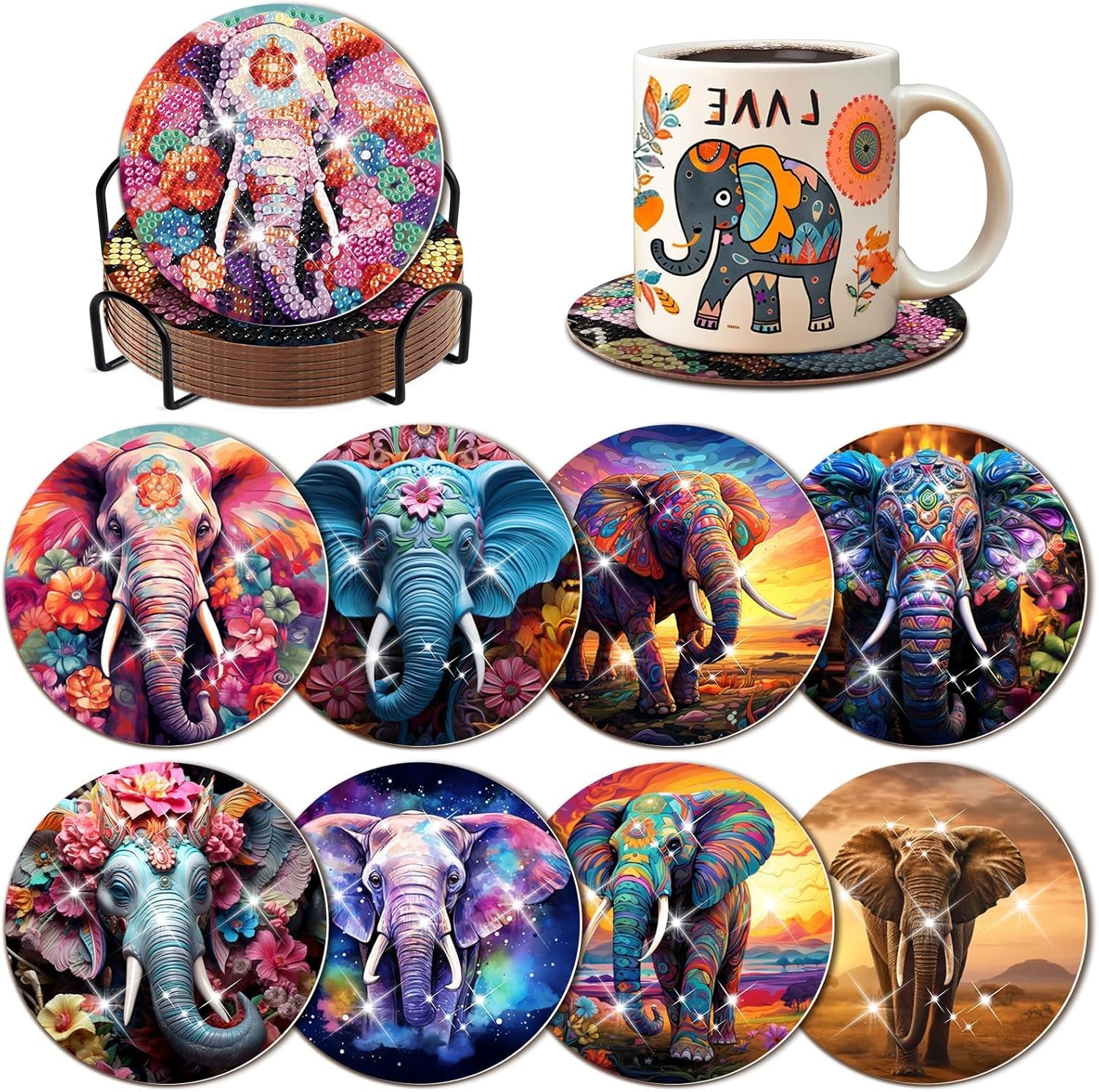 Juego de 8 posavasos de elefante con diamantes con soporte, posavasos de arte de diamante de elefante con bases de corcho para adultos, kits de