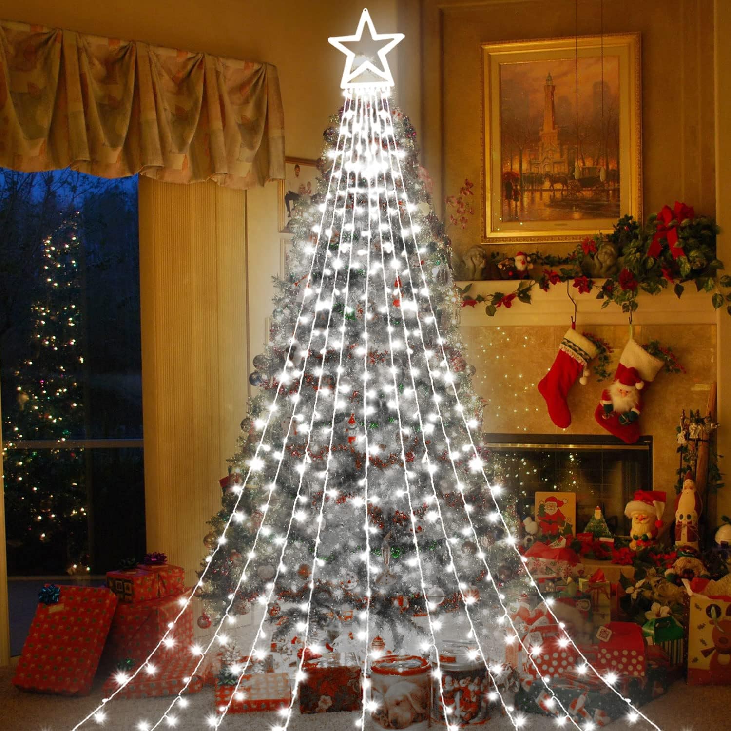 Guirnalda de luces de estrella para decoración de Navidad al aire libre, 317 luces LED de 11.5 pies con 8 modos de iluminación de memoria y