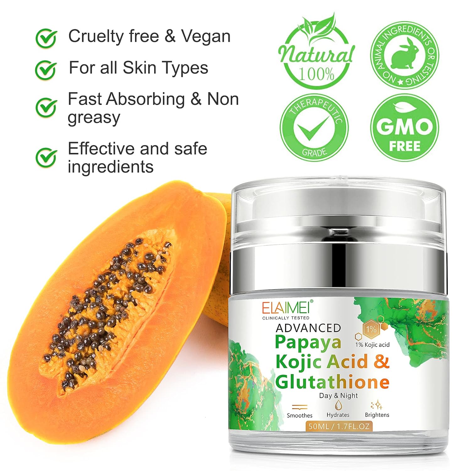 Crema para la cara, ácido kójico de papaya glutatión natural para la piel nutritiva y rejuvenecedora crema facial, crema hidratante de día y noche,