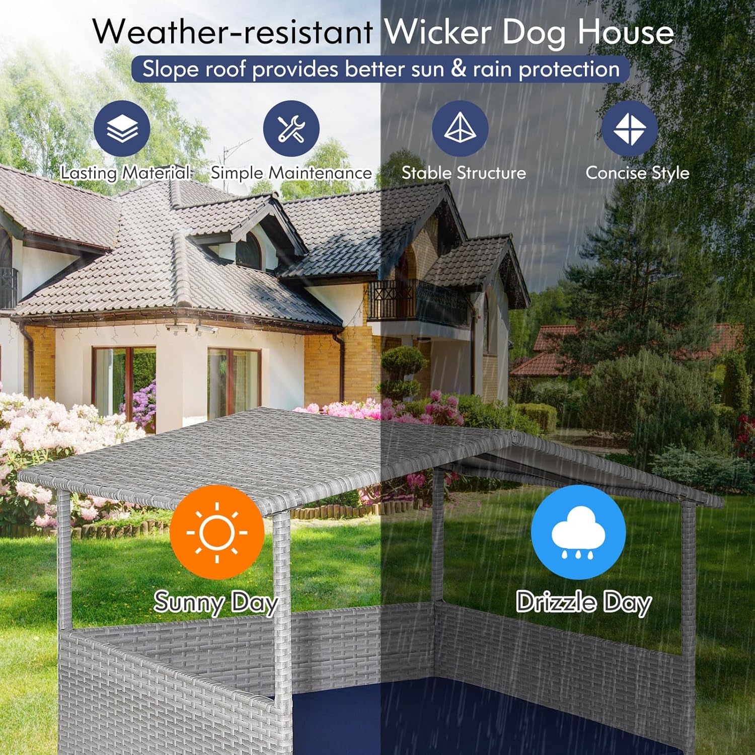 Tangkula Casa de mimbre para perros, cama elevada de ratán para interiores y exteriores con cojín extraíble, funda lavable, techo impermeable,