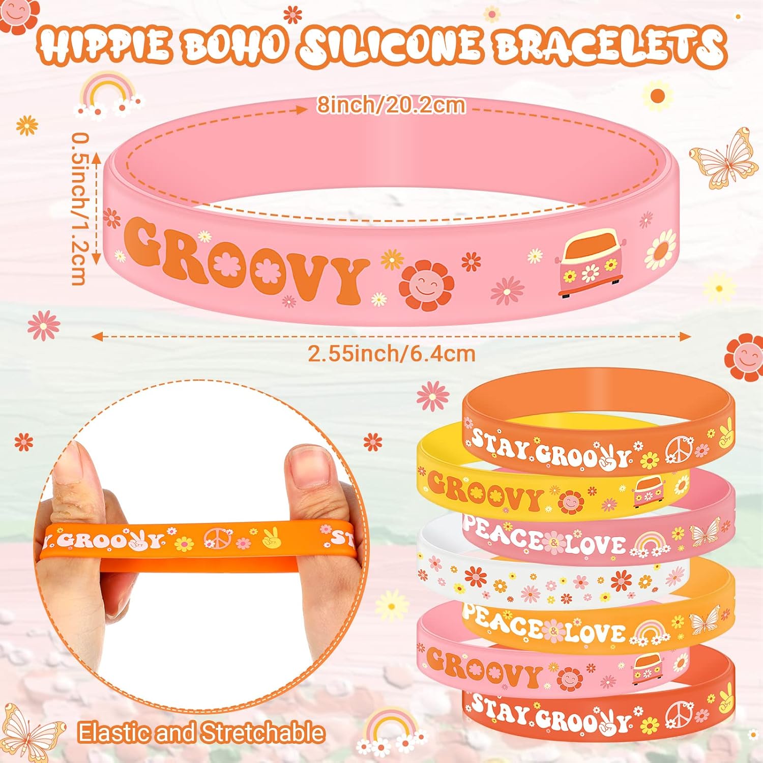 Hippie Boho Silicone Bracelets Stay Groovy Wristbands Retro Hippie Rainbow Bracelets Daisy Flower Peace Sign Wristbands for Girl Kid Boho Two Groovy