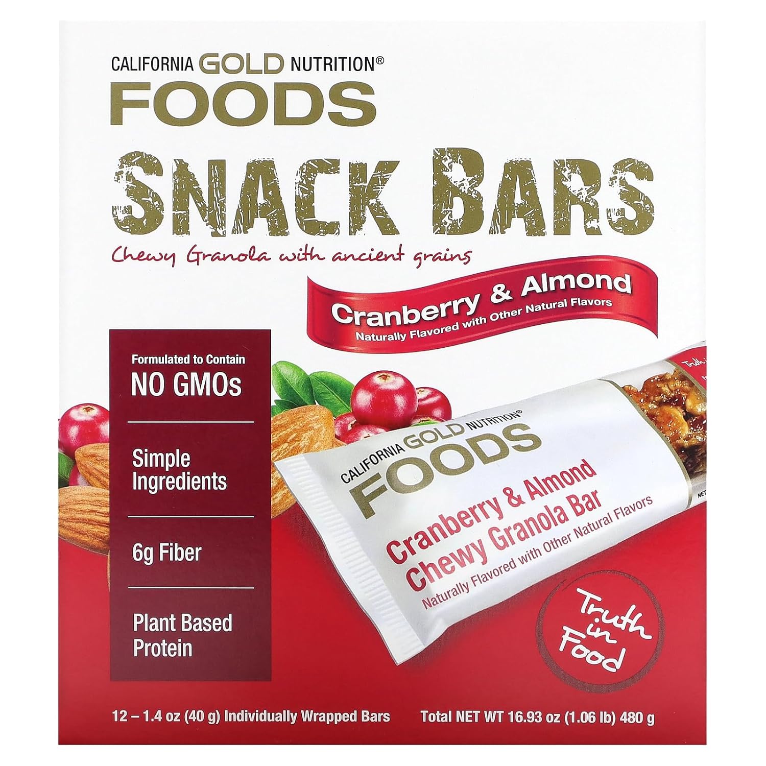 California Gold Nutrition Foods, Barras de granola masticables de arándanos y almendras, 12 barras, 1.4 oz (40 g) cada una