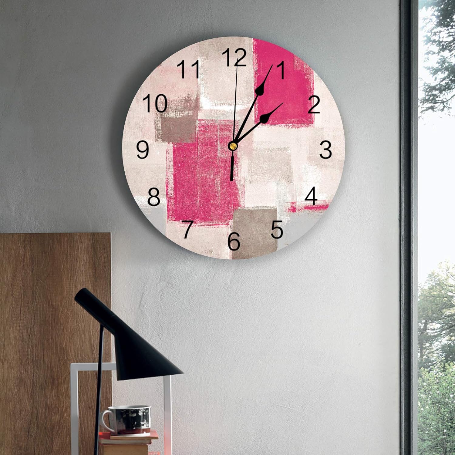 Reloj de pared de 10 pulgadas, silencioso, sin tictac, con graffiti rosa abstracto, redondo, decorativo, para sala de estar, dormitorio, cocina,