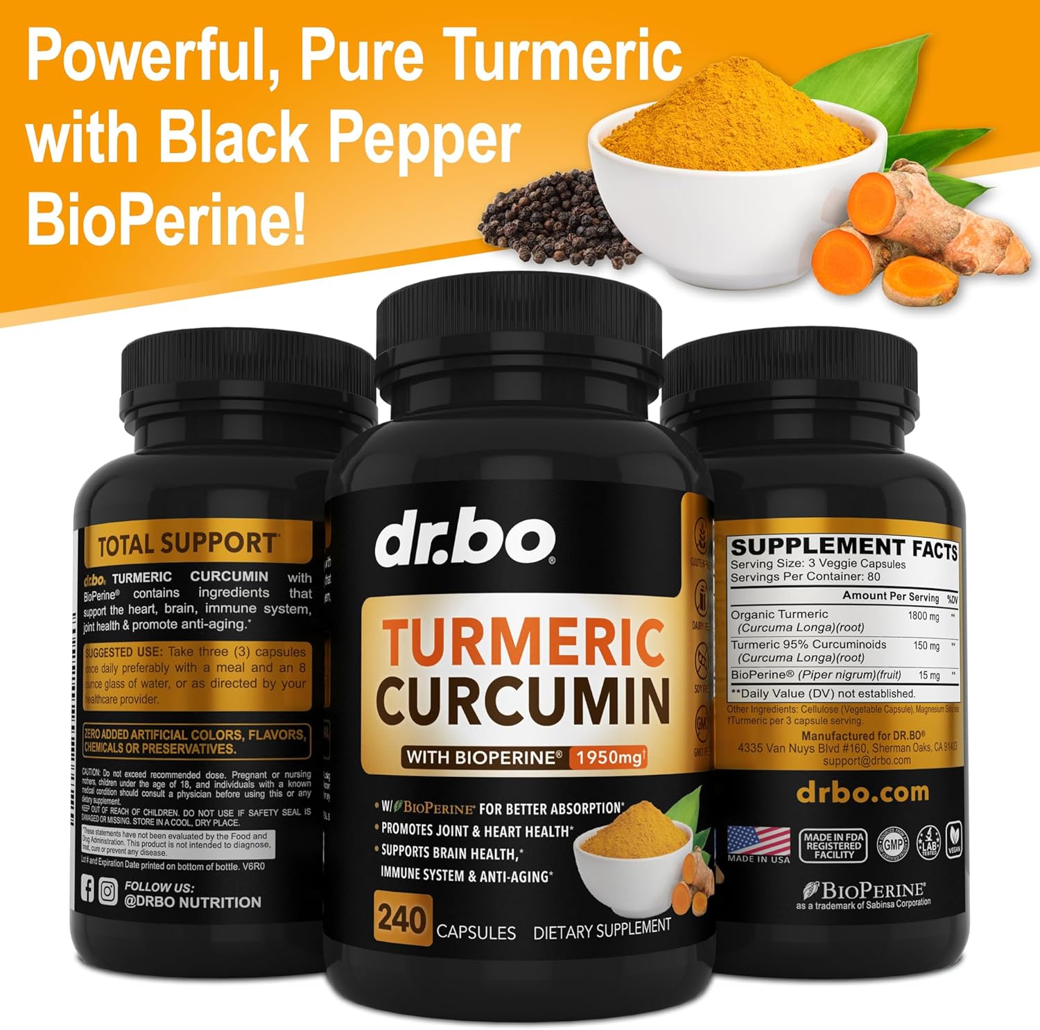 Curcumina de cúrcuma con cápsulas de suplemento BioPerine, suplementos naturales de apoyo articular con 1950 mg de cúrcuma Longa Pure Organic