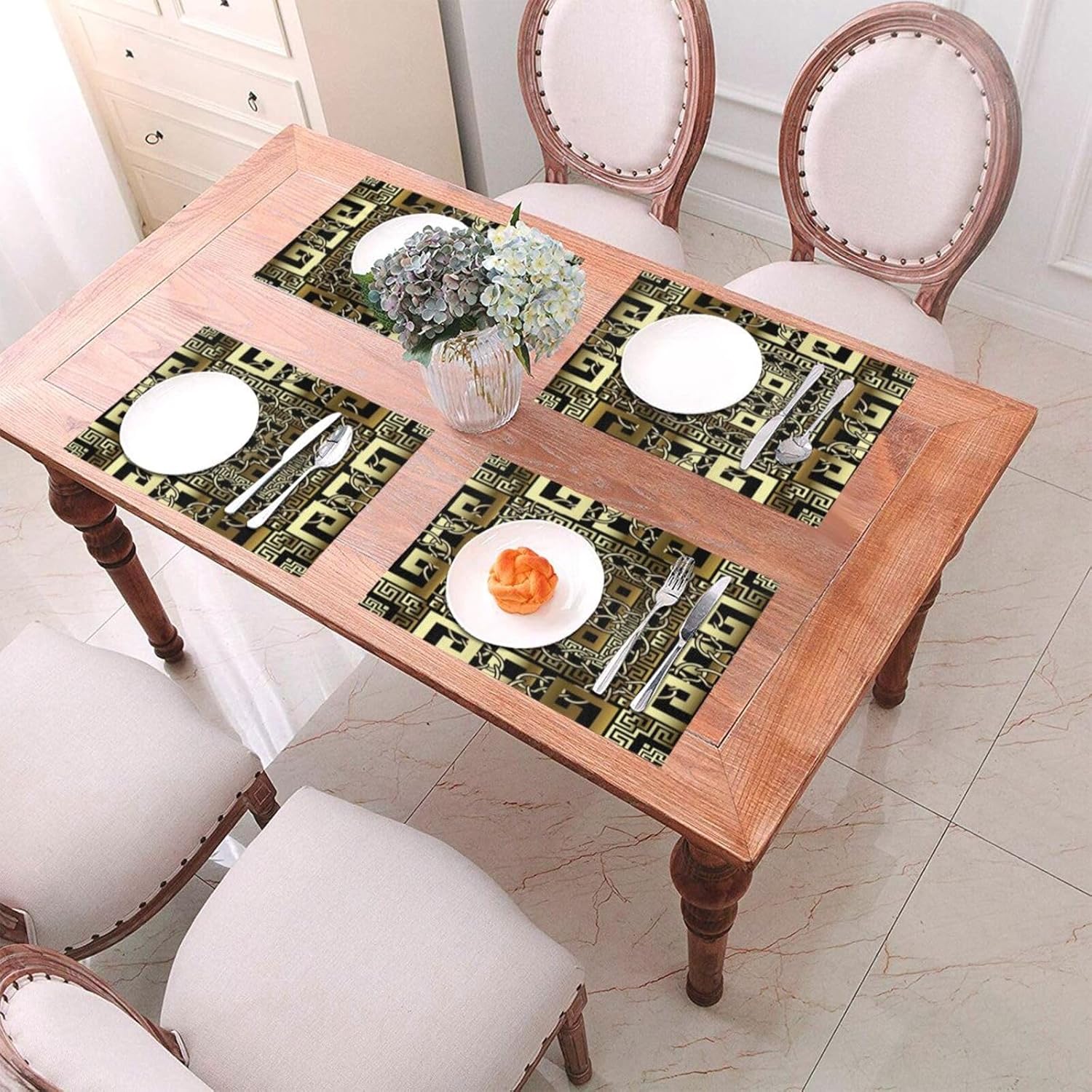 Manteles individuales tejidos de PVC con llave geométrica dorada griega para decoración de mesa, fiesta al aire libre y cocina, comedor, manteles