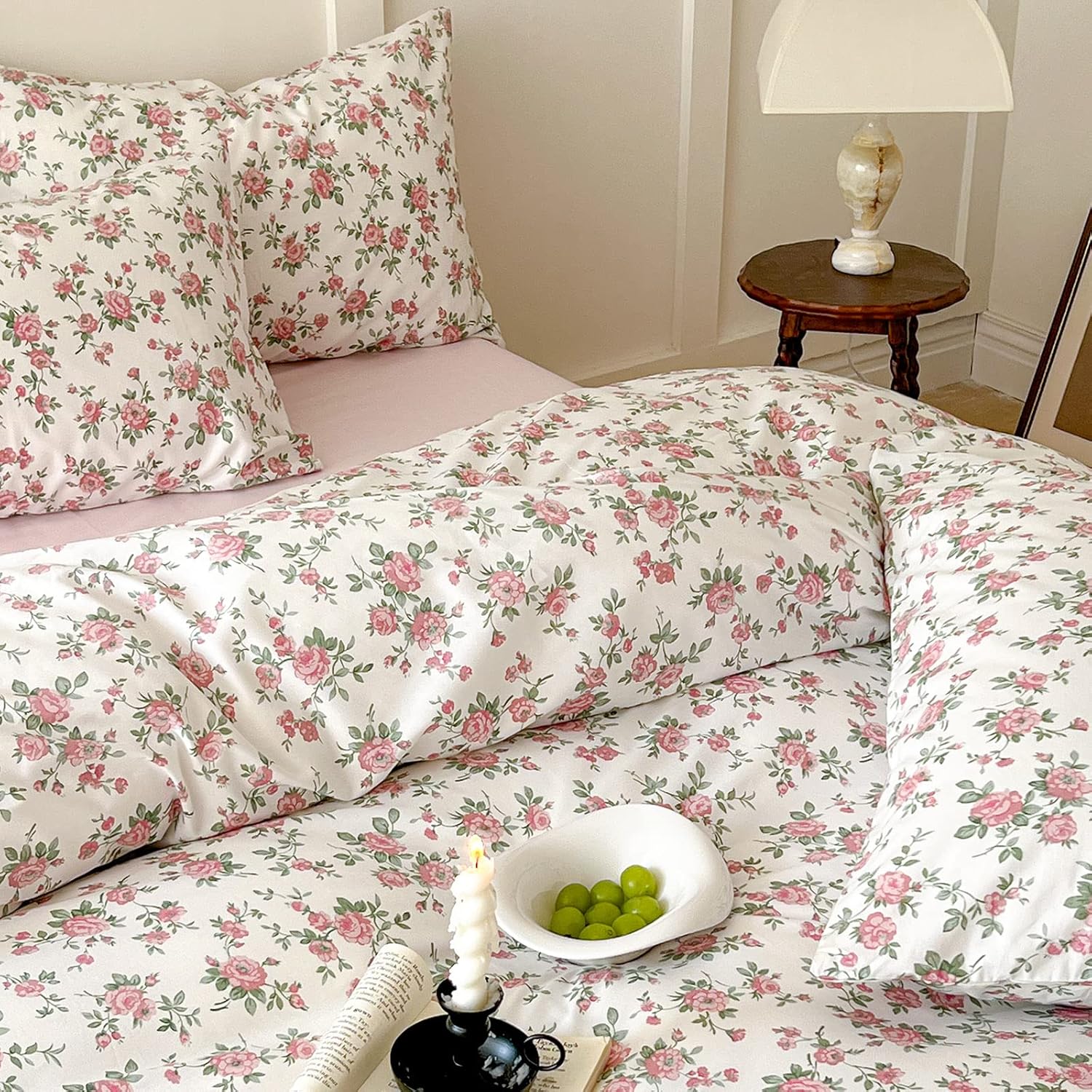 EAVD Juego de funda de edredón floral rosa, tamaño individual, suave, 100% algodón, juego de ropa de cama floral de jardín con 2 fundas de almohada,