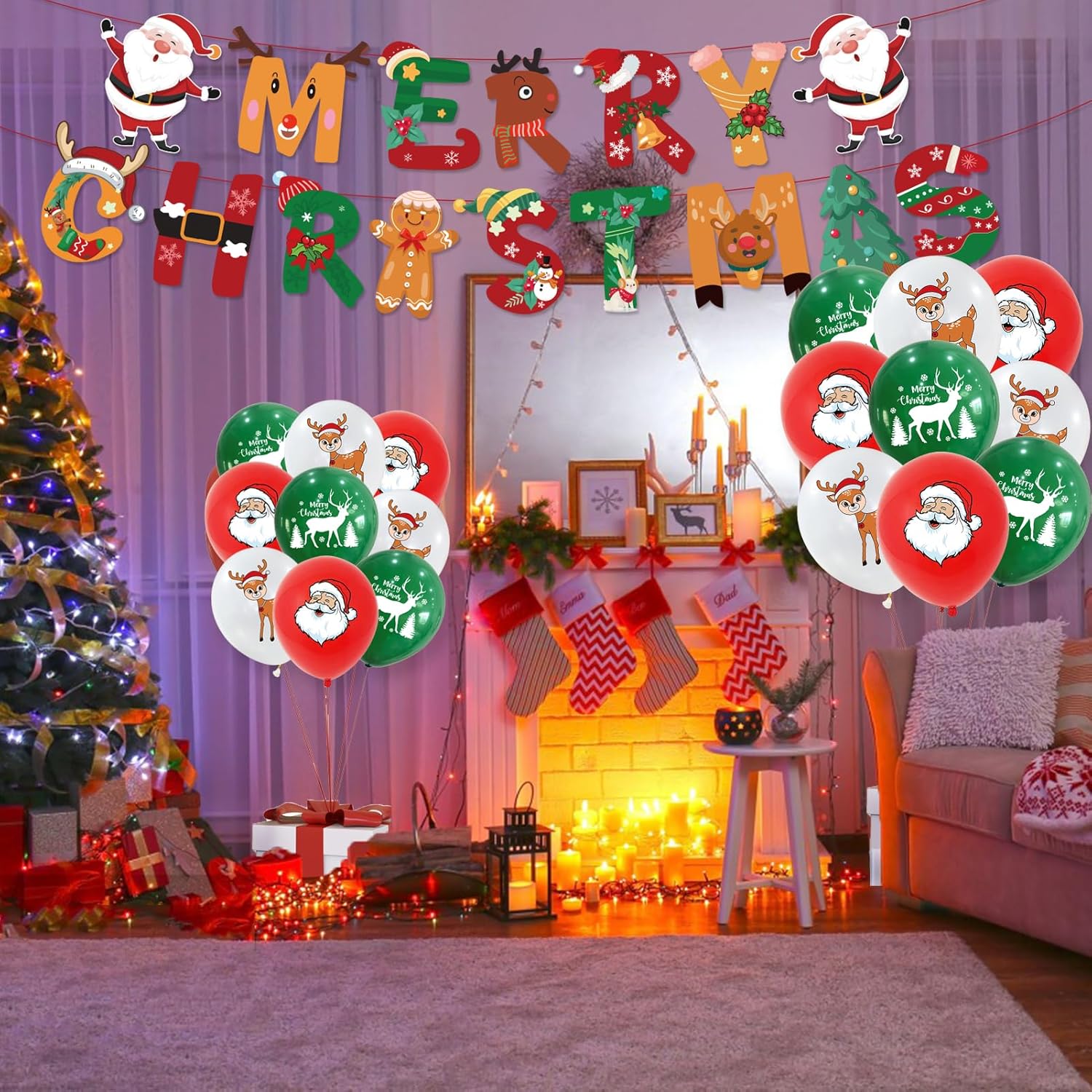 Juego de 61 piezas de decoración de Navidad, suministros de decoración de fiesta de Navidad, pancarta de decoración de Navidad, globo de Papá Noel,