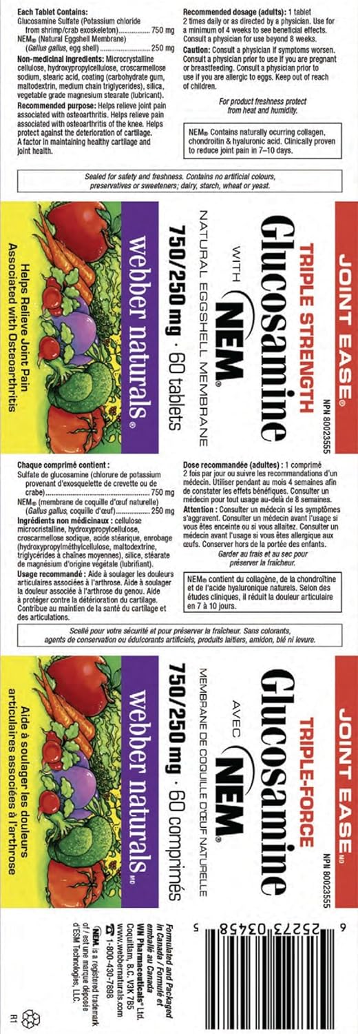 Webber Naturals Glucosamina de triple fuerza con membrana de cáscara de huevo natural NEM, 750250 mg, 60 comprimidos