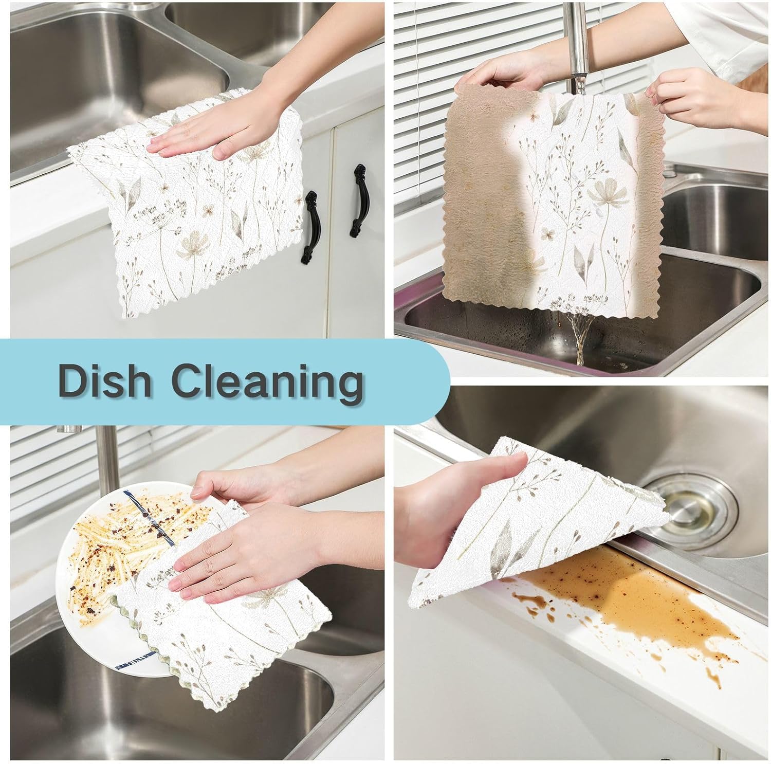 Wildflowers Leafs Soft Decor Kitchen Towel Microfiber Fast Drying Set of 6 Rags for Countertop Sink