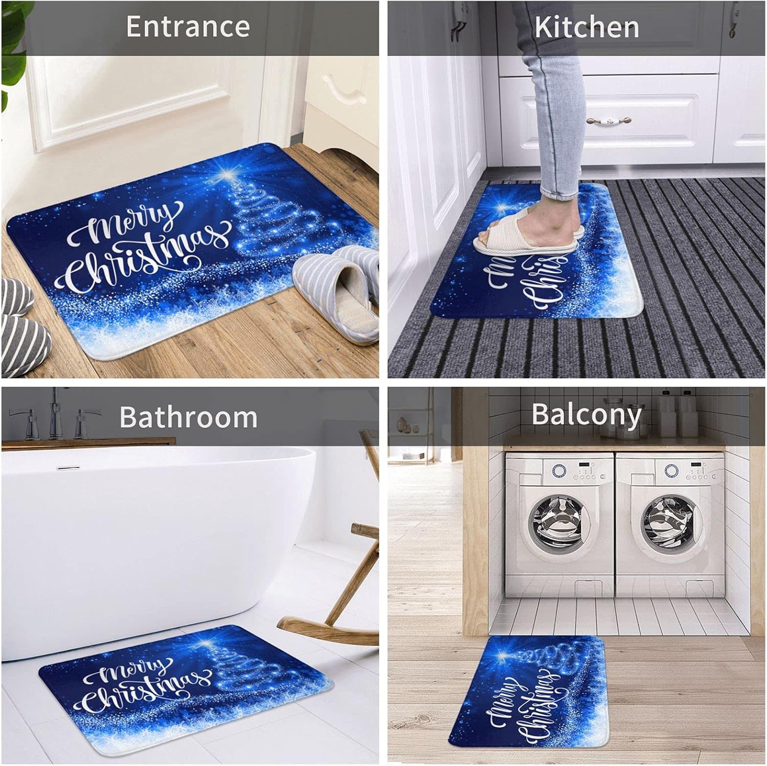 DADABULIU Tapete de baño con texto en inglés “Merry Christmas”, tapete de ducha de árbol de nieve azul, tapete de espuma viscoelástica,