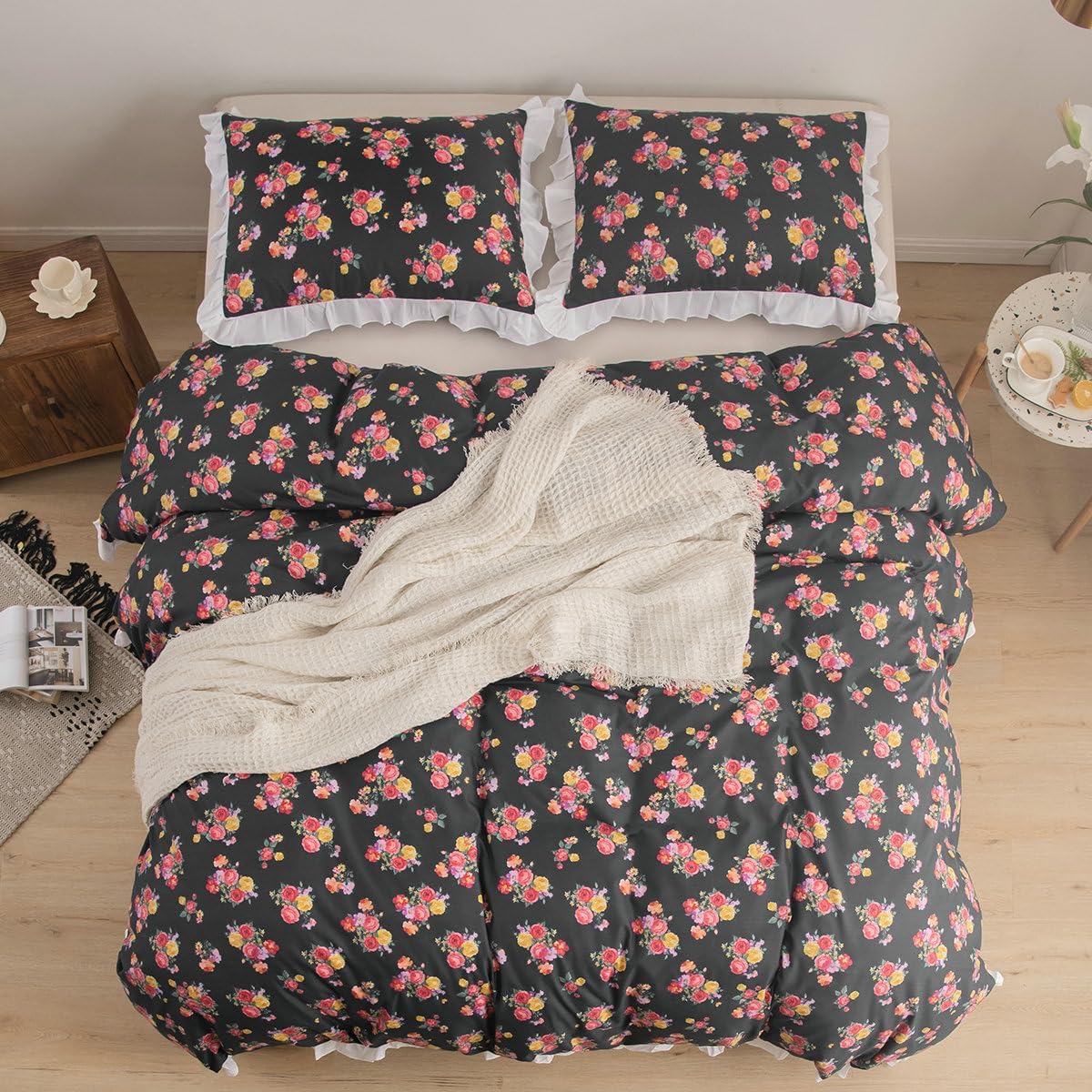 MR.FEATHER Juego de edredón floral Queen, juego de ropa de cama negro de 3 piezas de microfibra suave y duradera con elegantes juegos de estampado