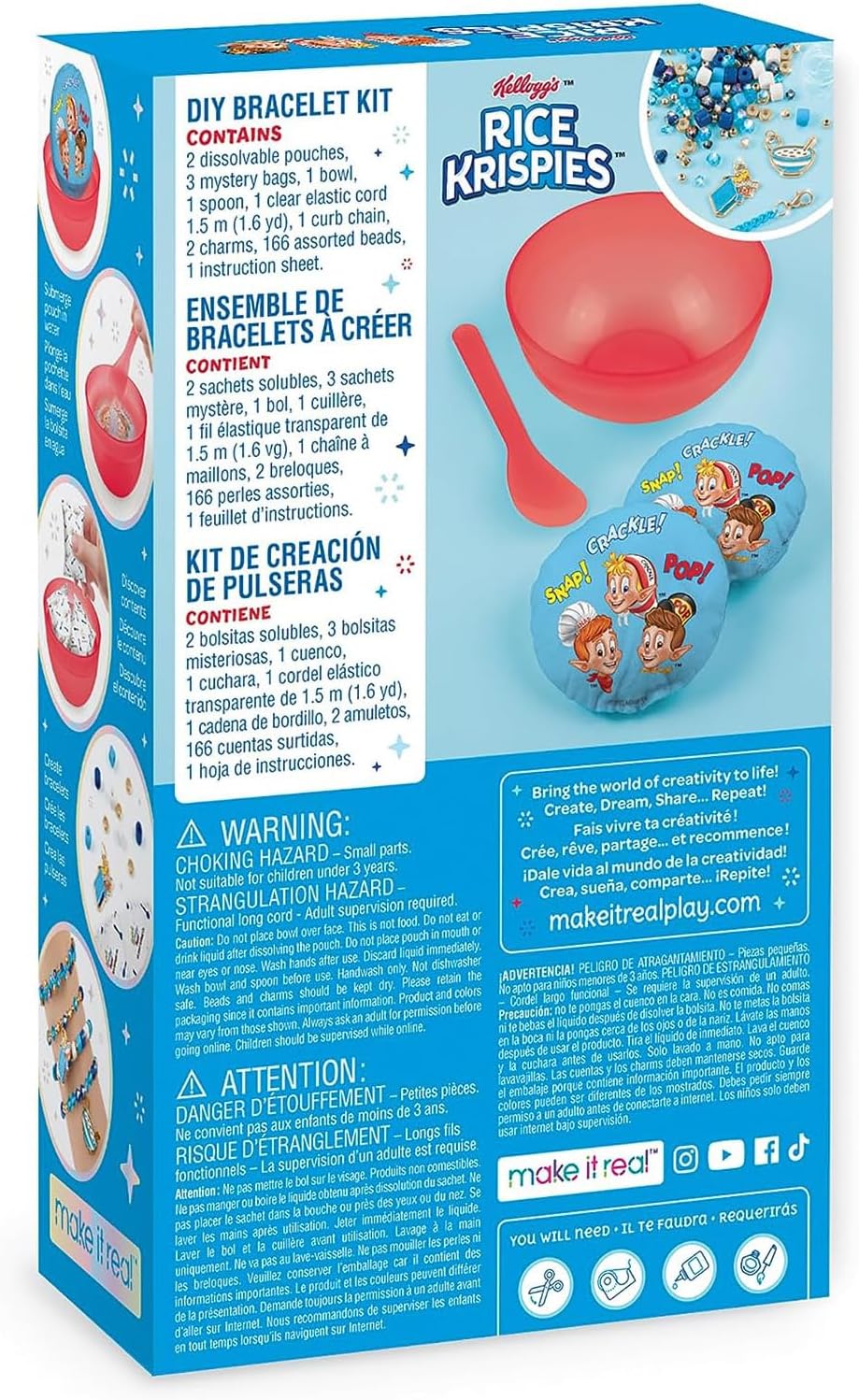 Make It Real Kellogg’s Cerealsly Cute – Rice Krispies – Kit de pulsera de bricolaje, 178 piezas, dijes de Snap-Crackle-Pop, crea 4 pulseras