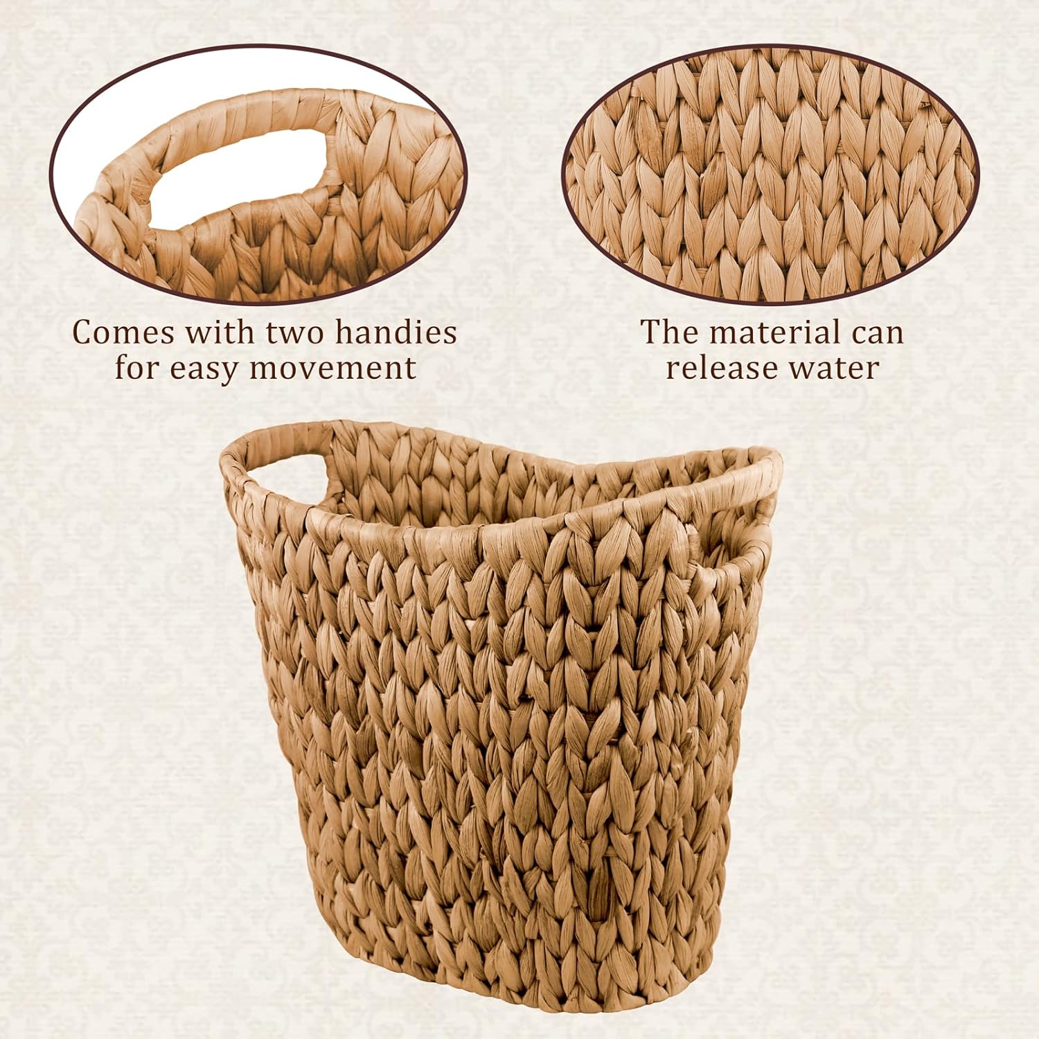 Cesta de basura de mimbre, cubo de basura de jacinto de agua tejido a mano, cesta de basura de mimbre con asas integradas, cubo de basura de mimbre