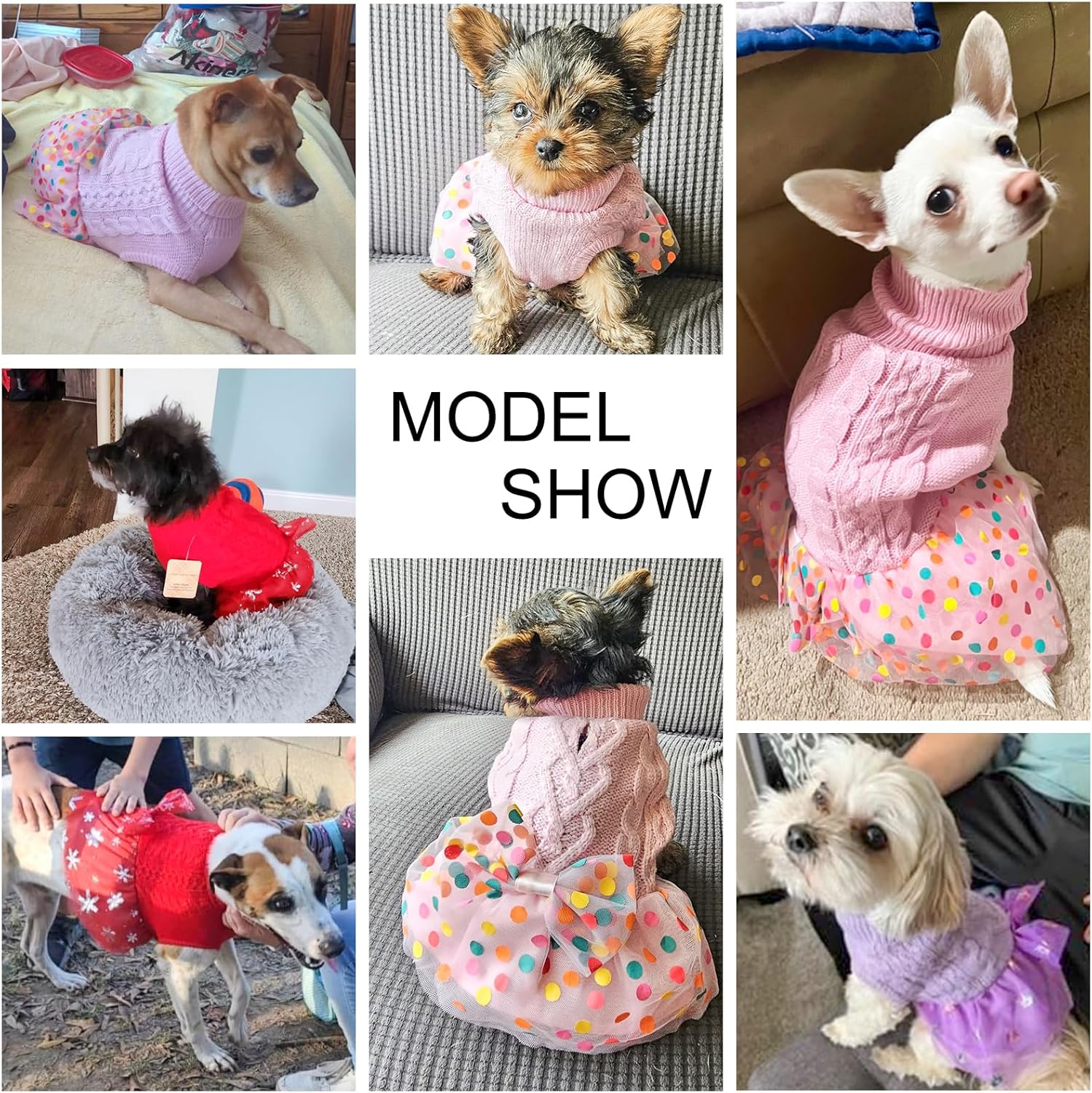 BEAUTYZOO Vestido de punto trenzado para perros pequeños con corbatín para perros pequeños y medianos, ropa de punto cálida de cuello alto, falda