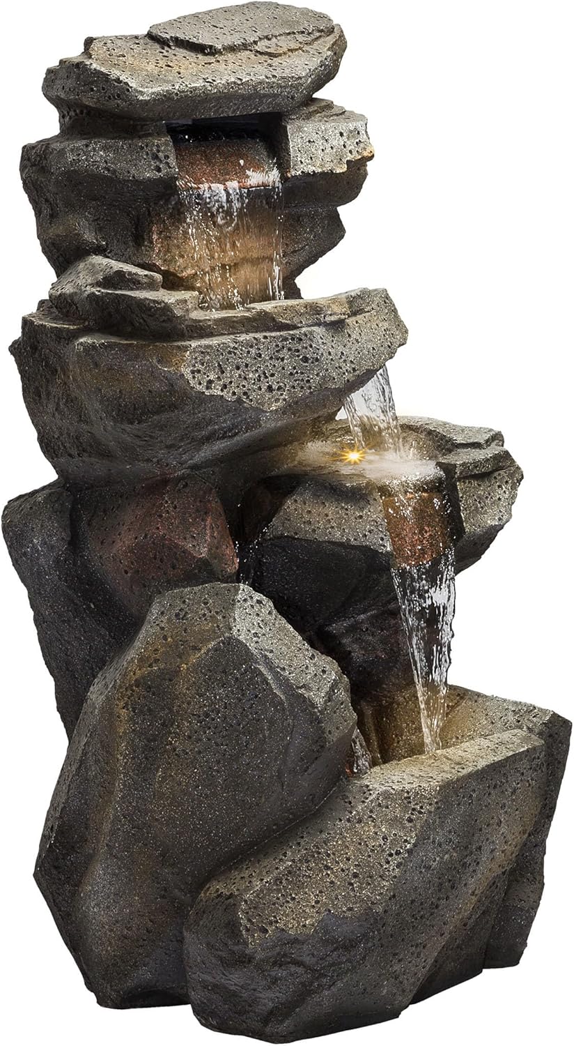 Alpine Corporation WIN1184 Fuente de cascada de roca de 5 niveles con luces LED con aspecto de piedra natural, 40 pulgadas, gris