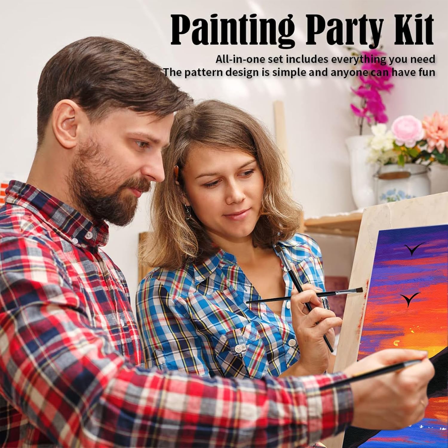 VOCHIC Kit de sorbo y pintura, lienzo predibujado para parejas, kit de pintura para fiestas, juego de pintura con lienzo de contorno para adultos,