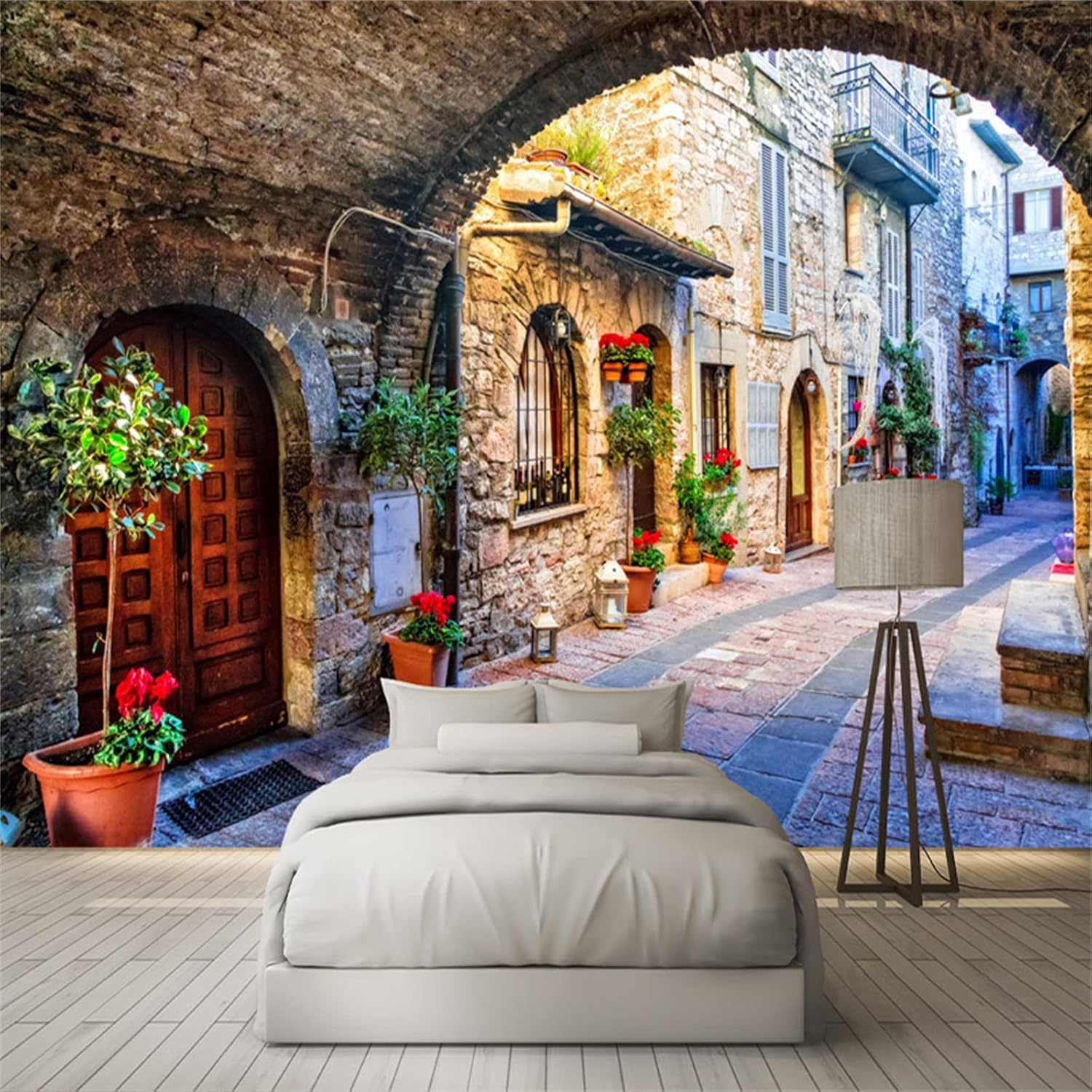 Murales de pared europeos con vista a la calle de la ciudad italiana, papel tapiz 3D de construcción de ciudades, calcomanías de pared sin arrugas,