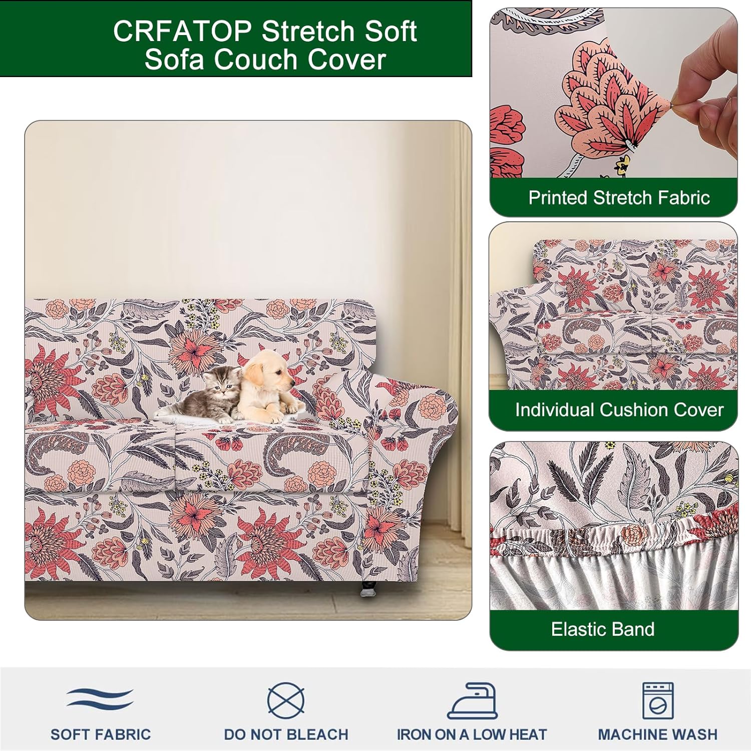 CRFATOP Fundas de sofá de 4 piezas para sofá de 3 cojines, fundas de sofá estampadas, funda elástica para sofá de 3 cojines separados, fundas de