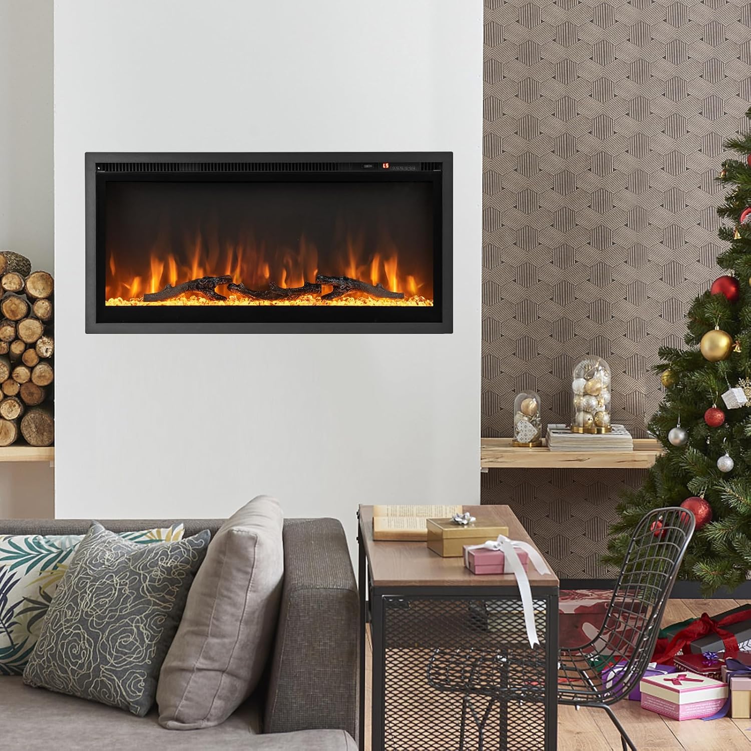 ORALNER Inserto de chimenea eléctrica de 36 pulgadas de ancho, empotrado y montado en la pared con termostato, 9 colores de llama y 5 brillo