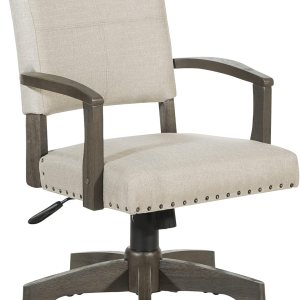 OSP Home Furnishings Santina – Silla de escritorio acolchada con costuras francesas a medida y ribete de cabeza de clavo, brazos de madera maciza y OSP Home Furnishings Santina – Silla de escritorio acolchada con costuras francesas a medida y ribete de cabeza de clavo, brazos de madera maciza y