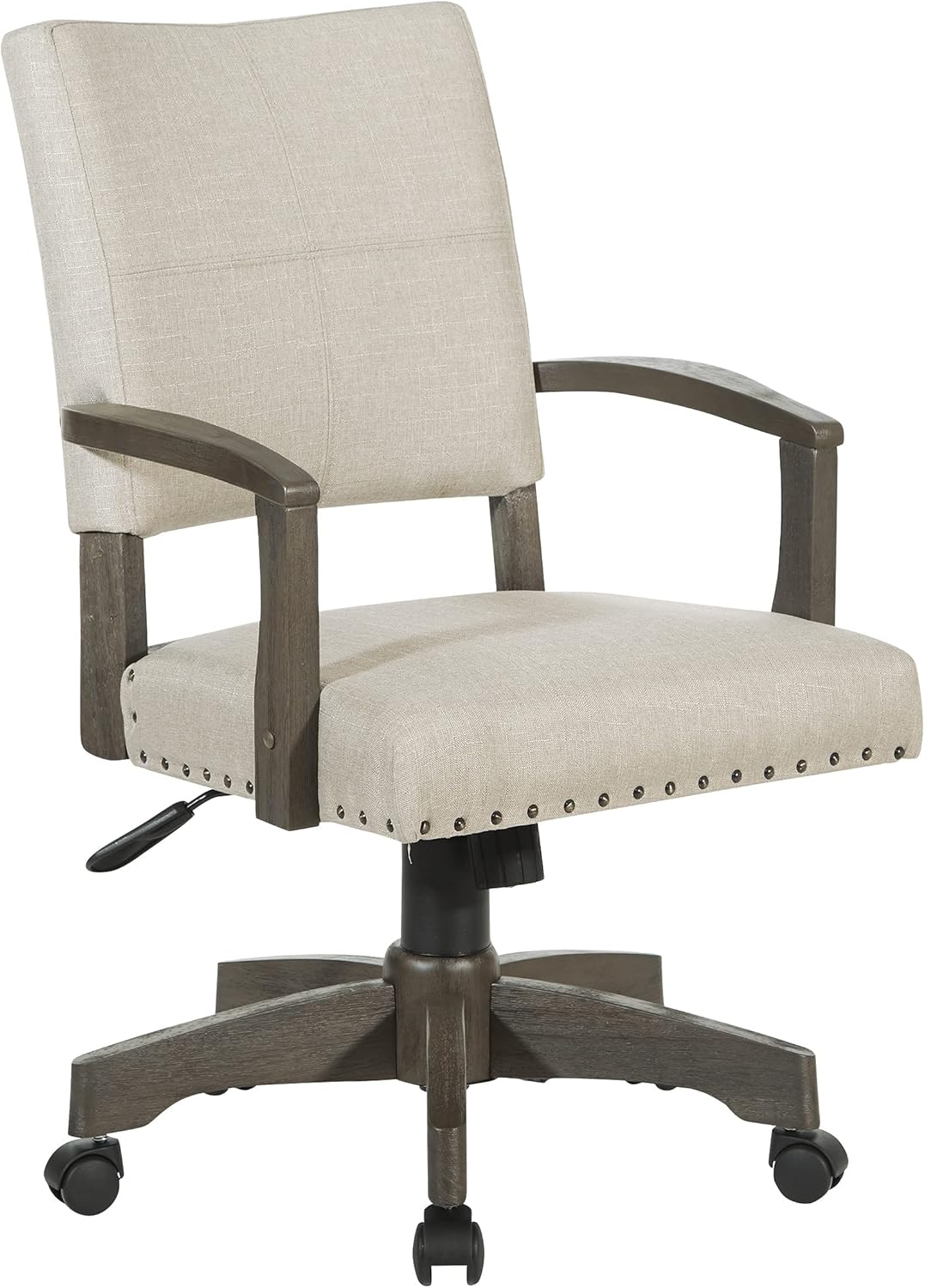 OSP Home Furnishings Santina – Silla de escritorio acolchada con costuras francesas a medida y ribete de cabeza de clavo, brazos de madera maciza y