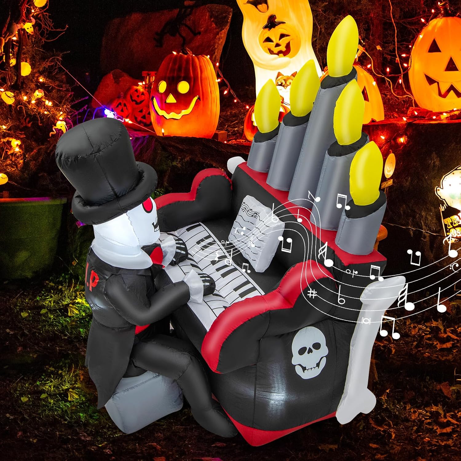 Tangkula Piano inflable de esqueleto de Halloween de 5.2 pies, decoración al aire libre con altavoz Bluetooth y 4 luces LED, decoración de patio