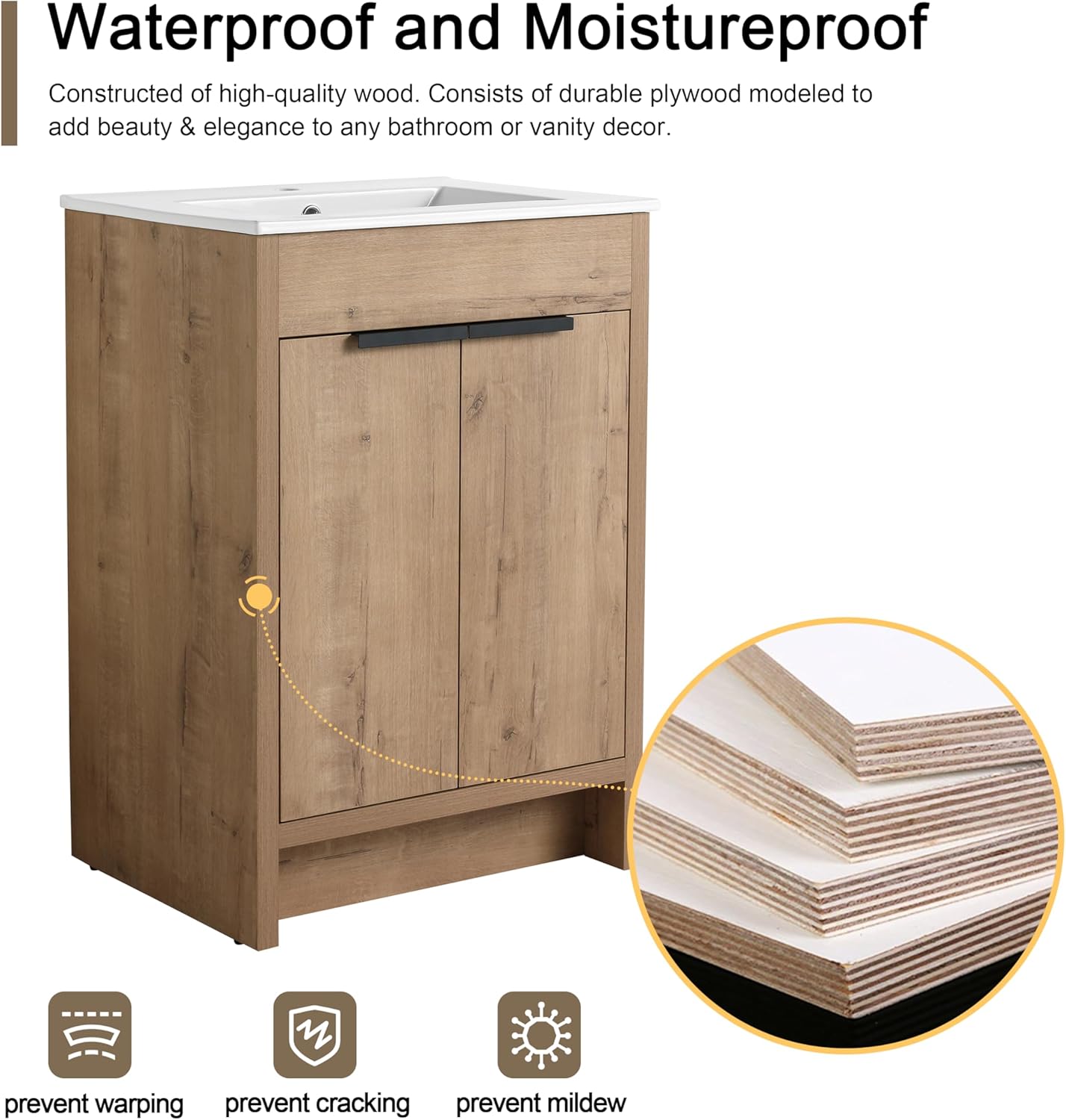 Vanidad de baño independiente de 24 pulgadas con fregadero, tocador de baño de pie de 24 pulgadas, tocador moderno con 2 puertas y lavabo de
