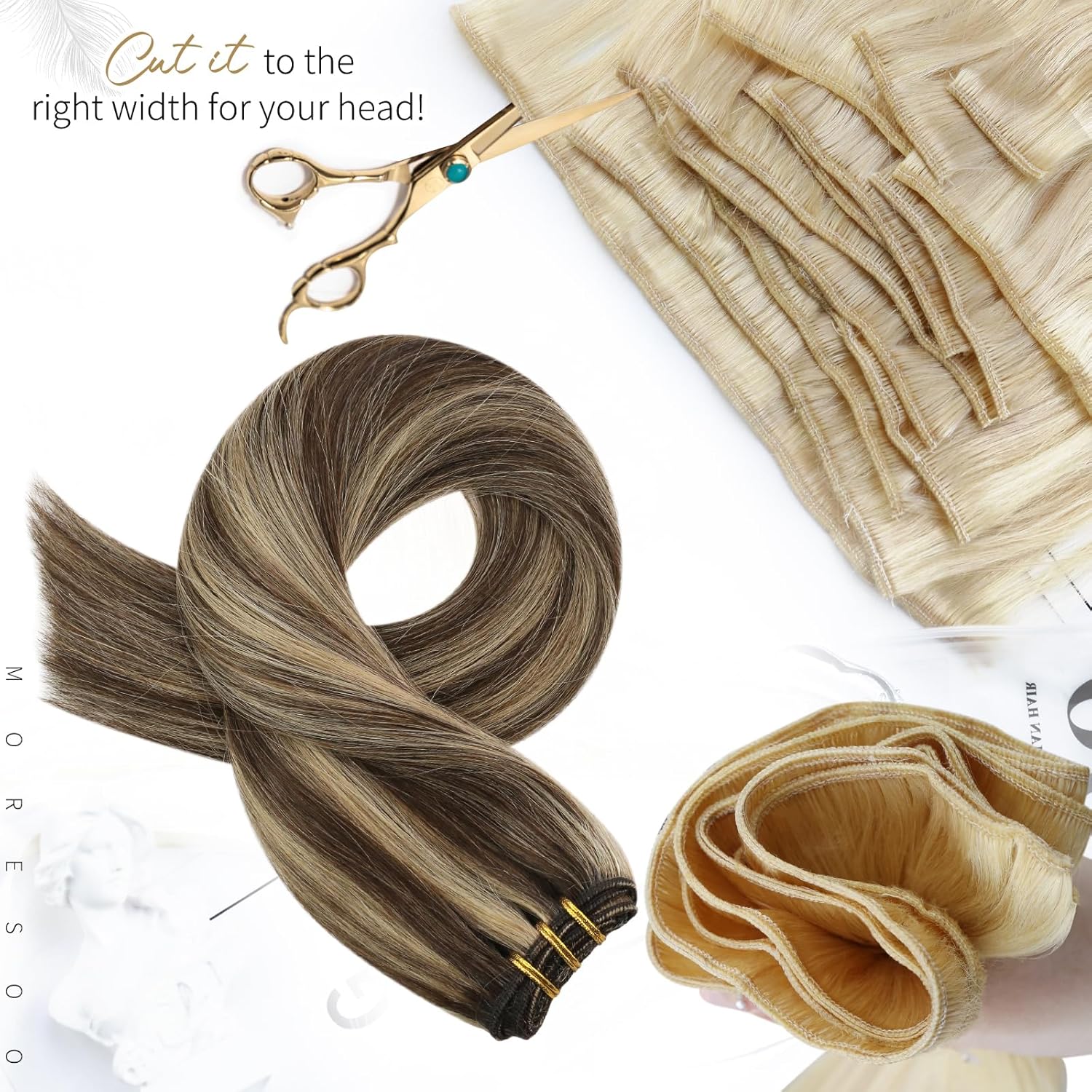 Moresoo – Extensiones de cabello humano real cosidas, extensiones de cabello humano Remy con doble trama, color marrón oscuro con rubio caramelo, 22