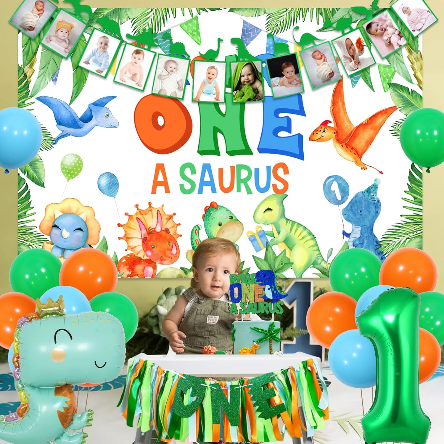 Decoraciones de dinosaurio para el primer cumpleaños de niño  Telón de fondo de rugido, pancarta mensual de dinosaurio para fotos, decoración de