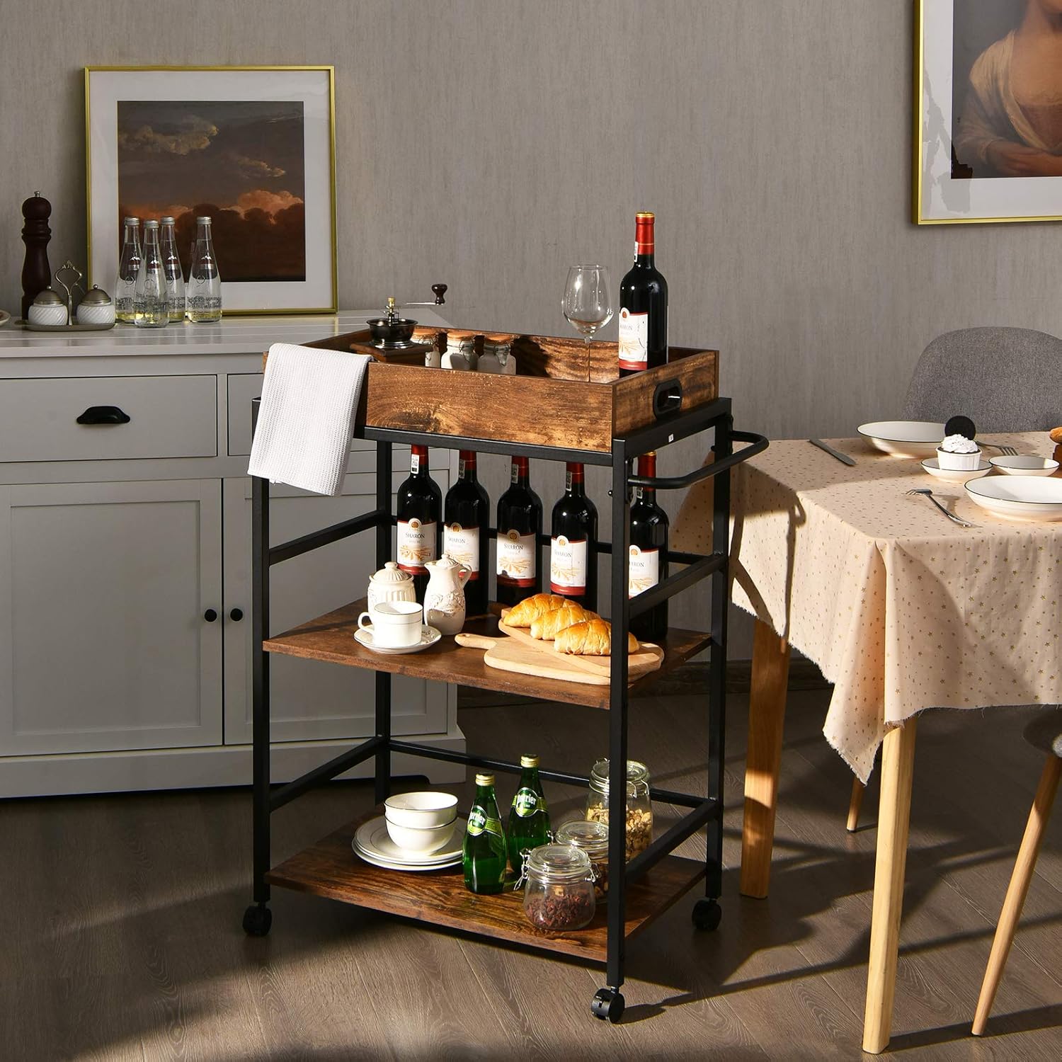 Carrito de isla de cocina, carrito rodante de 3 niveles con bandeja extraíble y estante de asa, islas de almacenamiento de cocina de madera y carros