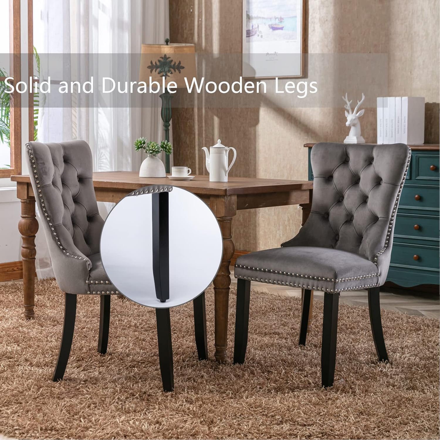 Juego de 4 sillas de comedor de terciopelo gris, sillas de comedor tapizadas con anillo trasero y patas de madera maciza, sillas de cocina con