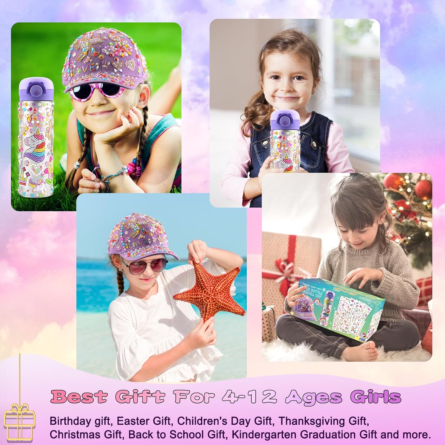 Regalos de manualidades para niñas y niños de 6 a 12 años, decora tu propia botella de agua de 17 onzas, gorra de béisbol con 17 hojas de gemas de