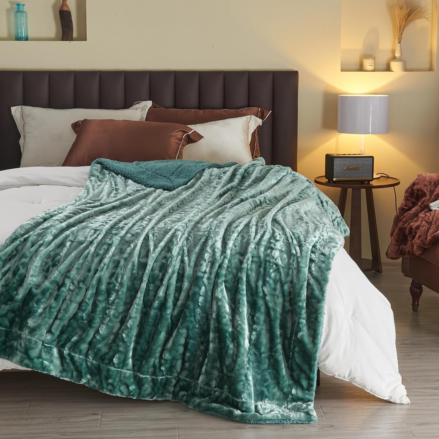 NEWCOSPLAY Manta de piel sintética súper suave para sofá, manta cálida de felpa cálida para sofá y cama (verde azulado, manta (50 x 60 pulgadas)