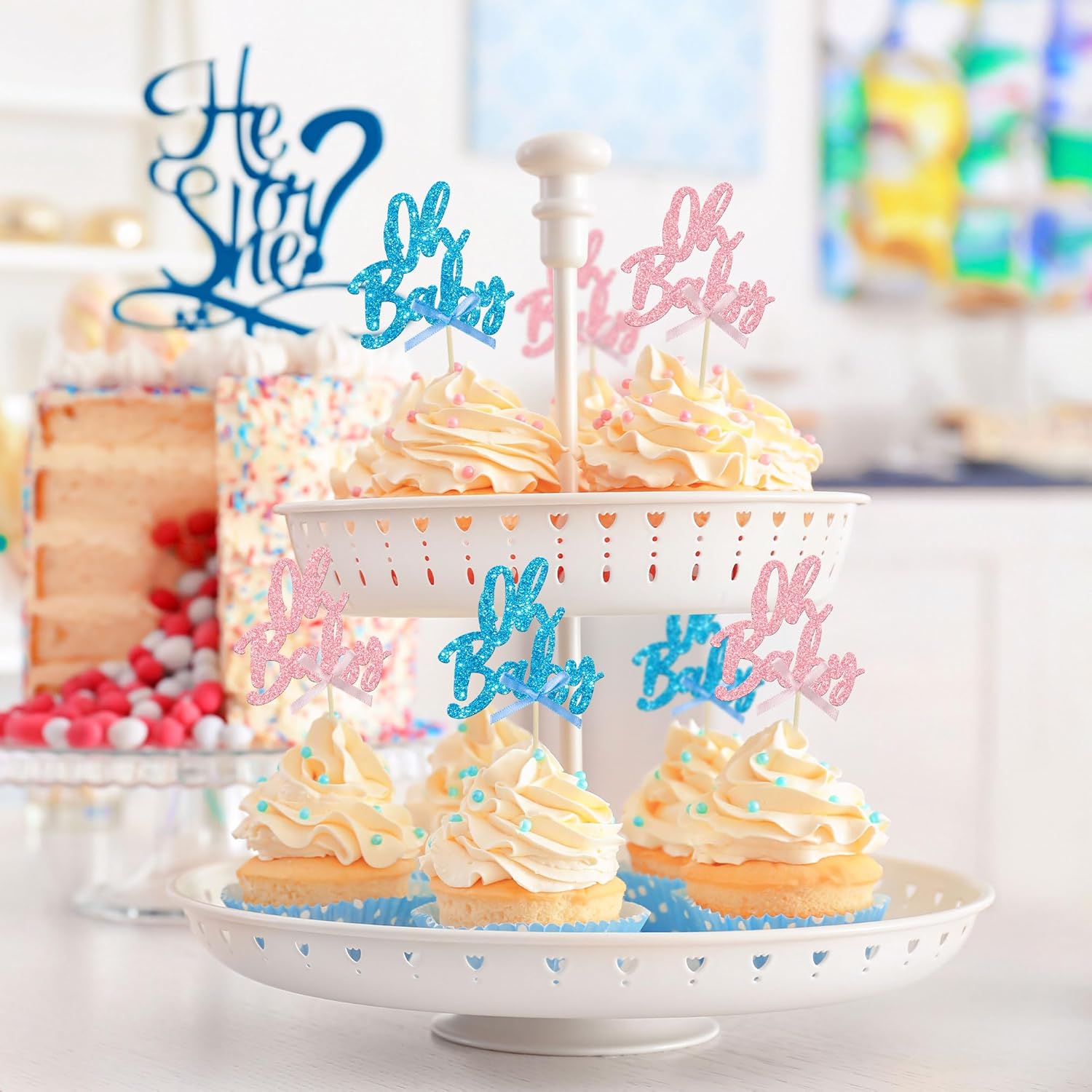24 piezas Oh Baby Cupcake Toppers Glitter Baby Shower Cupcake Picks con lazo rosa y azul revelación de género decoraciones para cupcakes para niños
