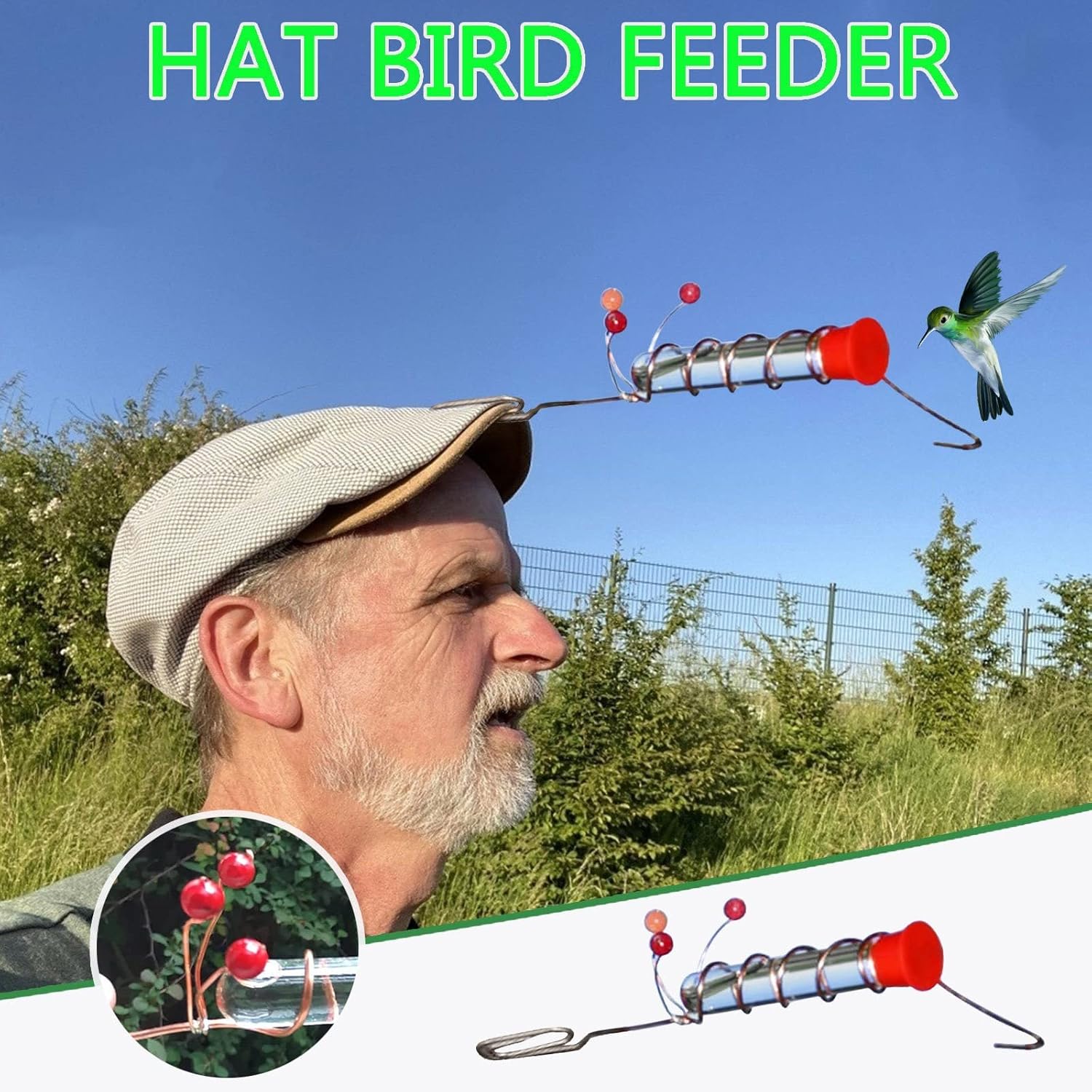 Comedero creativo para colibríes para sombrero, 1 comedero de mano para colibríes con clips, tubo de alimentación de pájaros de bayas rojas para los