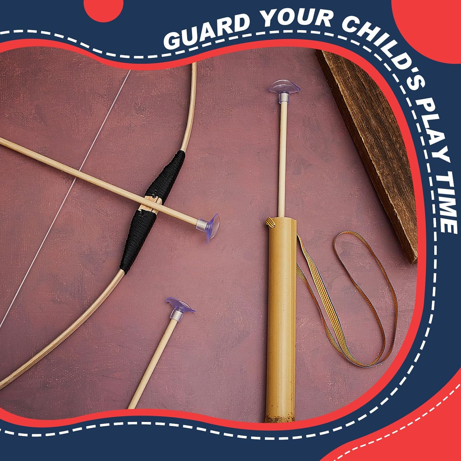 Juego de arco y flecha de madera para niños, incluye 4 lazos de madera, 12 flechas de madera con ventosas y 4 soportes para flechas para jugar al