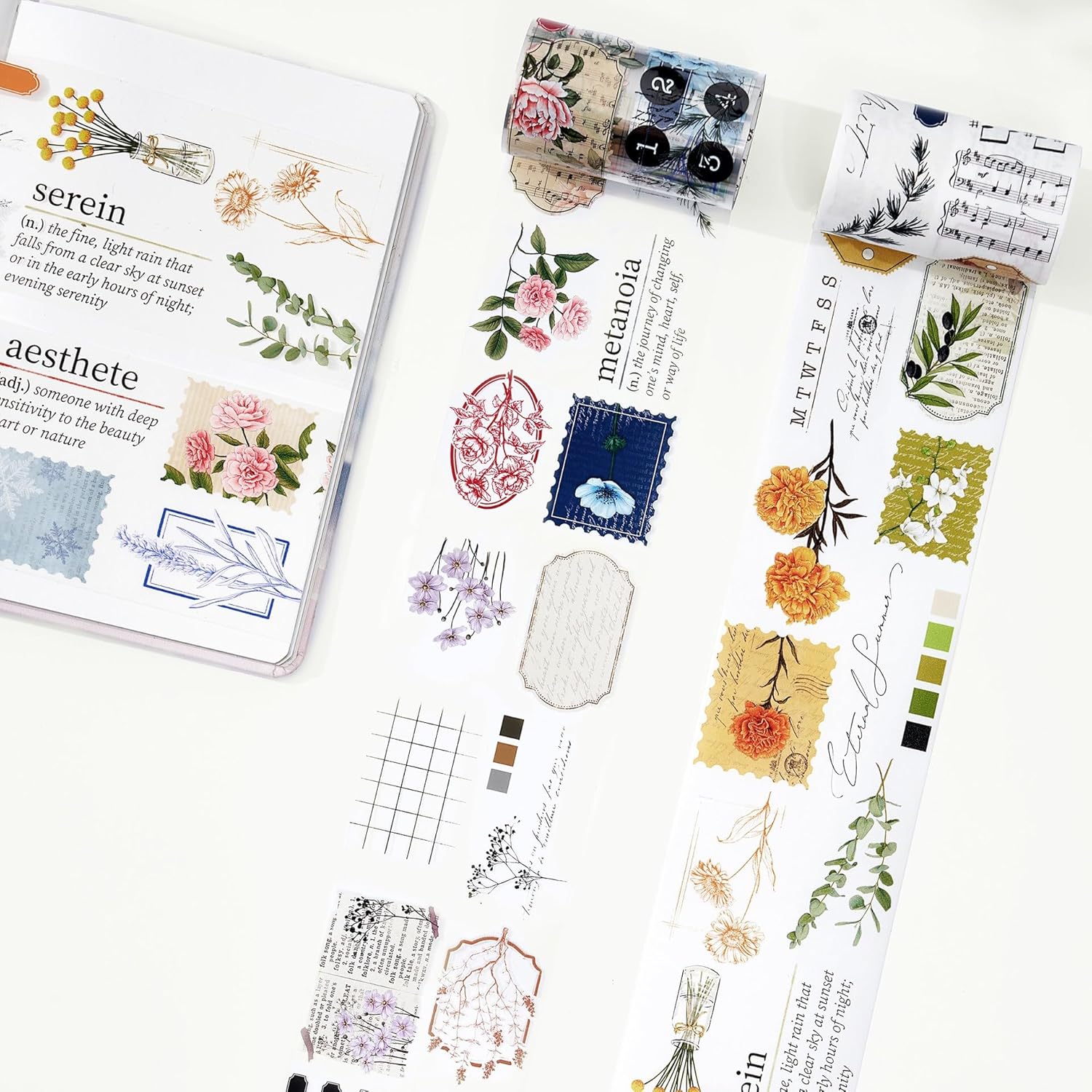 WT Season’s Symphony – Cinta Washi ancha, rollo individual, diseños originales, cinta decorativa floral, cuaderno de recortes de chatarra Bujo