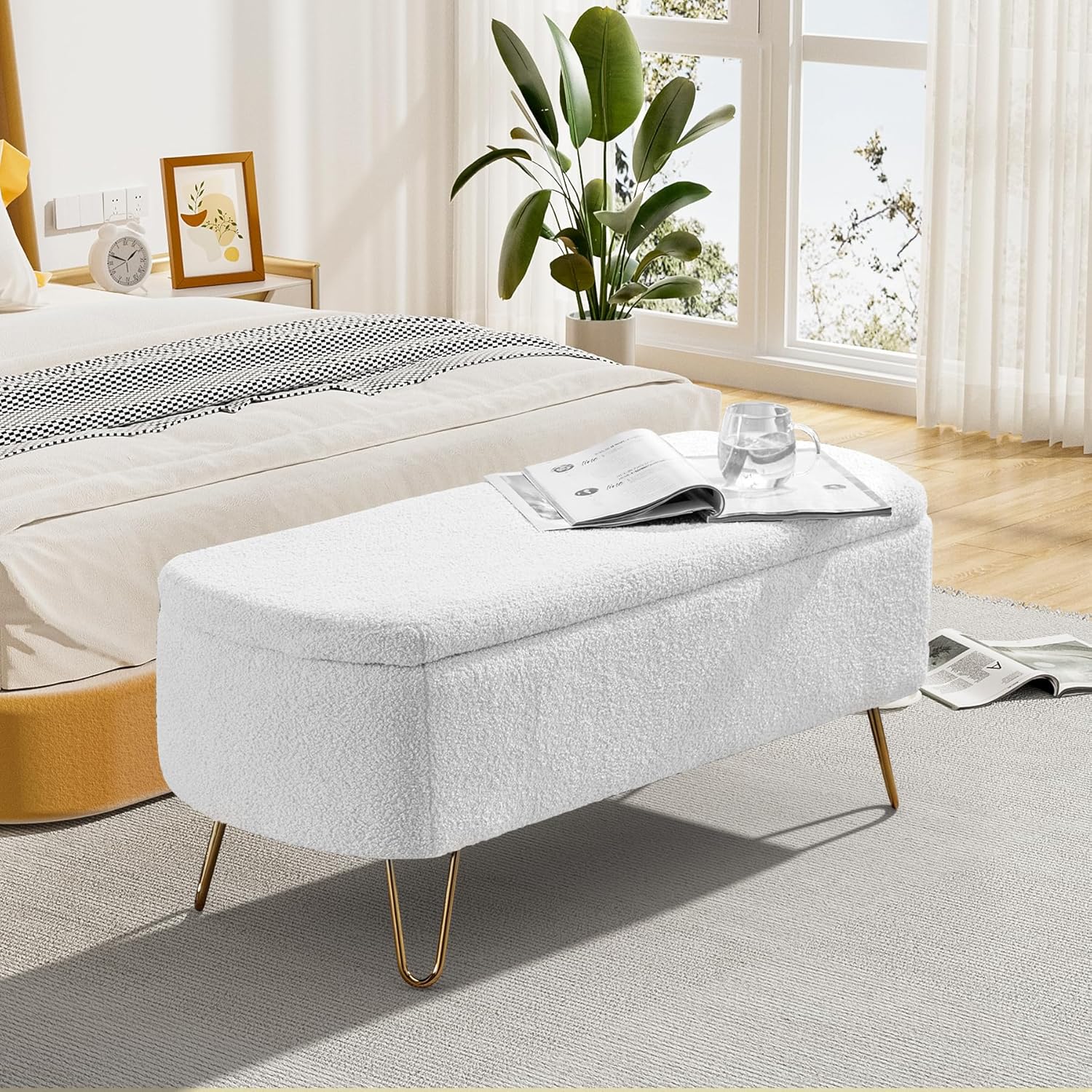 DAMAIFROM Banco otomano de almacenamiento para dormitorio, extremo de la cama, otomana de almacenamiento de peluches con patas doradas, banco